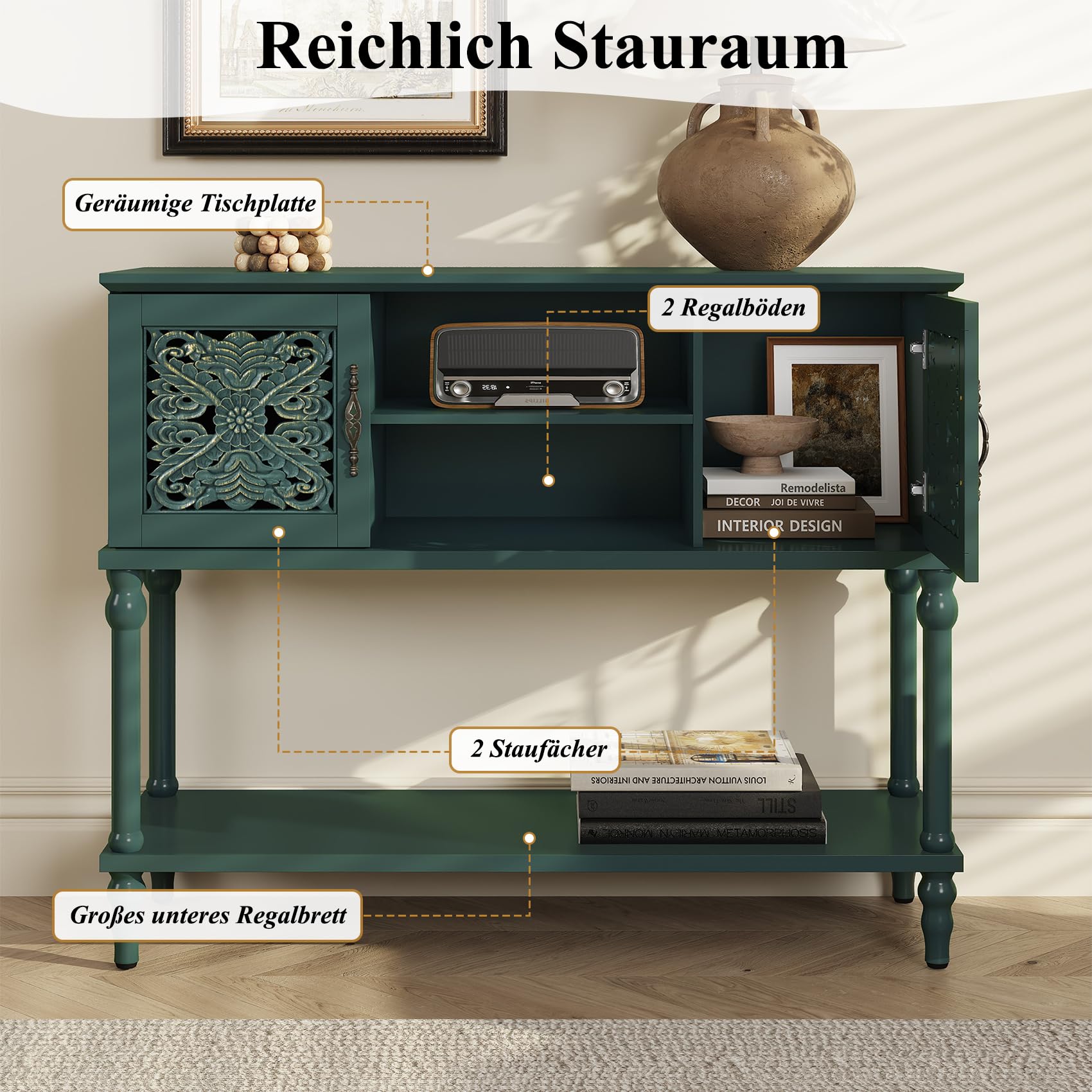 HOLTICO Mesa Consola,Mesa Auxiliar,con Almacenamiento,con 2 armarios de Estilo clásico,Compartimentos Abiertos,Patas de Madera Maciza,para salón,Entrada,Pasillo,107x36x86 cm,Verde