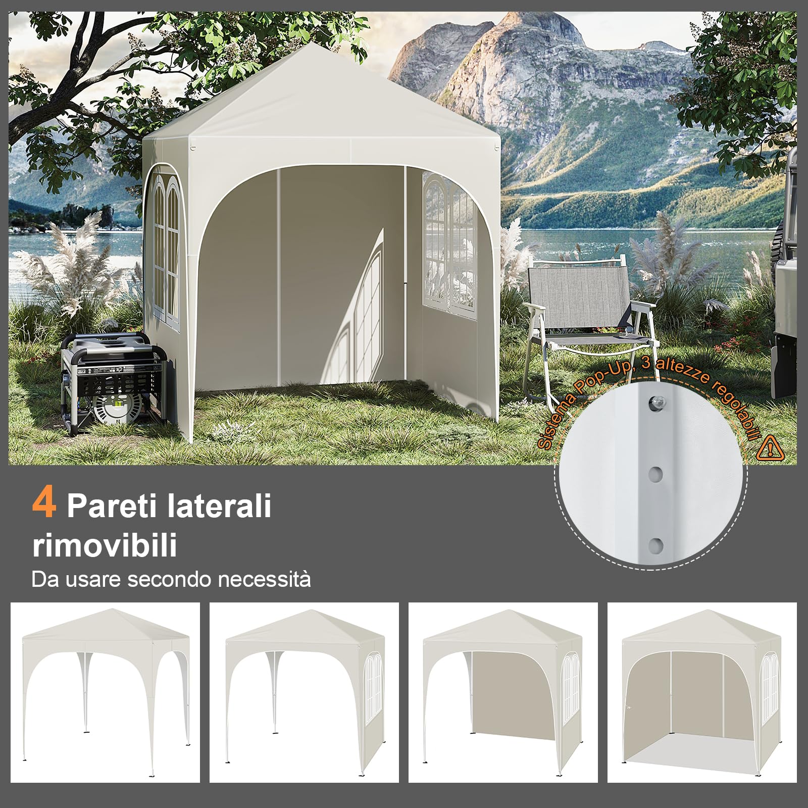 WOLTU Gazebo Pieghevole 2x2m con 4 Pareti Rimovibili - Protezione Solare UPF 50+, Struttura Metallica Anti-Vento, 3 Regolazioni Altezza, Tendone da Giardino/Campeggio/Spiaggia - Beige