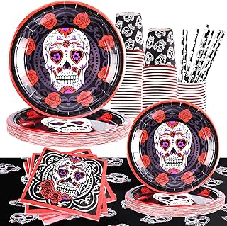 FORMIZON Lot de Vaisselle d’Halloween, 121 Oièces Thème Squelette Assiettes, Gobelets en Papier, Pailles, Serviettes et Nappe à Thème d’Halloween, Halloween Fête Fournitures pour 24 Personnes