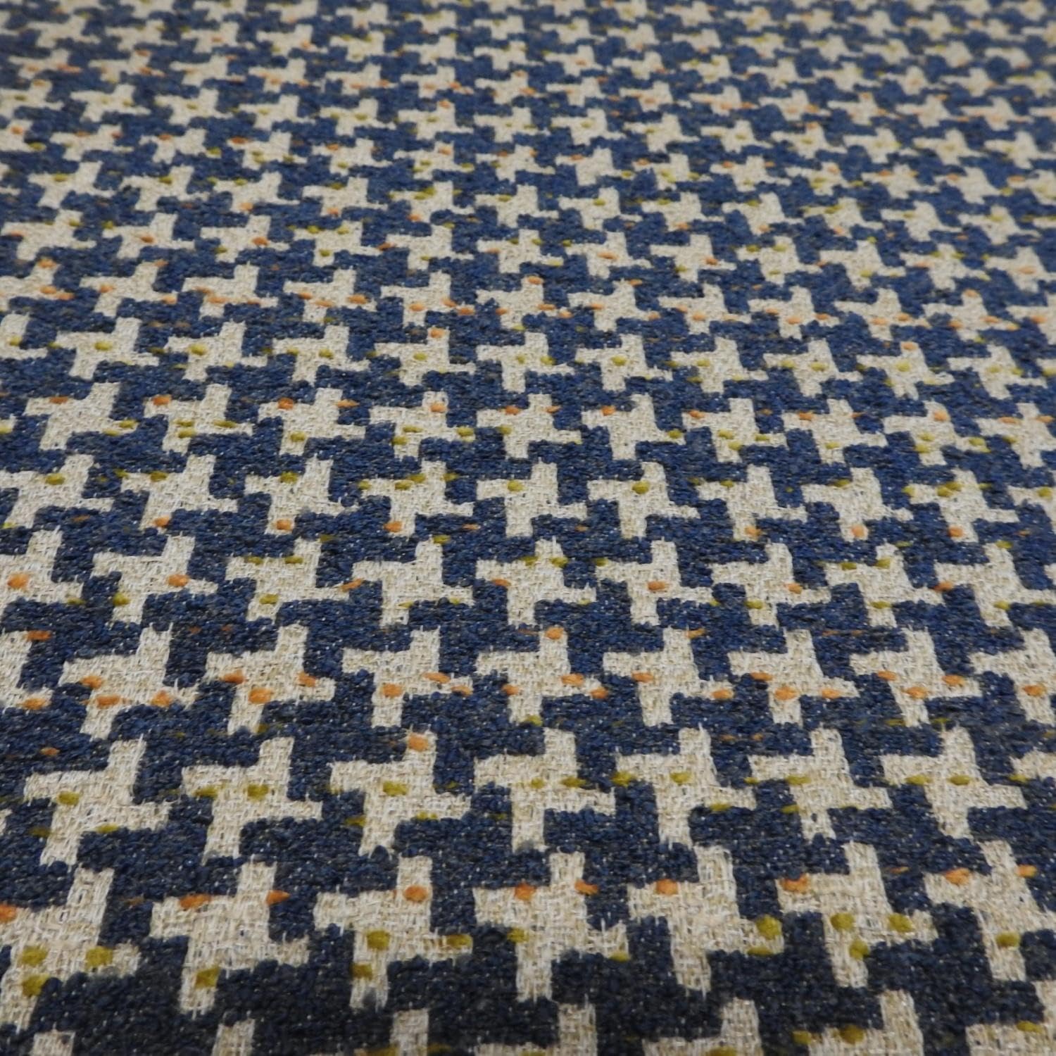 Heavyweight Wool Geo Pattern Fabric with Flecks, Geometric Upholstery Furnishing Fabric, 140cm Width - Navy Blue