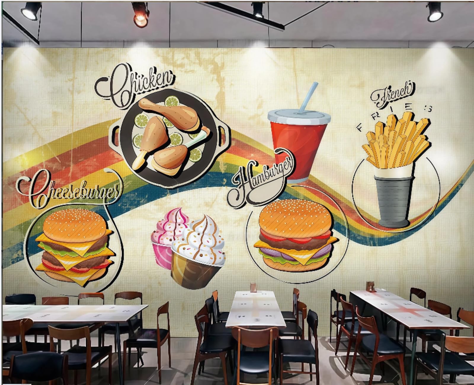 Papier peint restauration rapide de hamburgers et poulet frit mural 3D