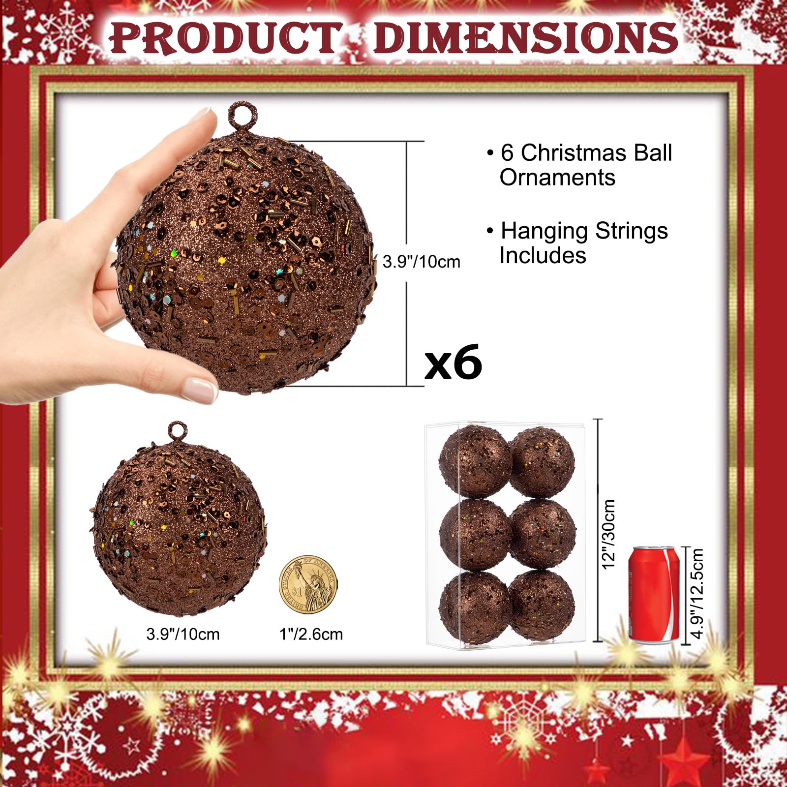 Lot de 6 Boules Décoratives de Sapin de Noël 10 cm - Paillettes Holographiques, Décorations Délicates pour Fête de Mariage, Bronze