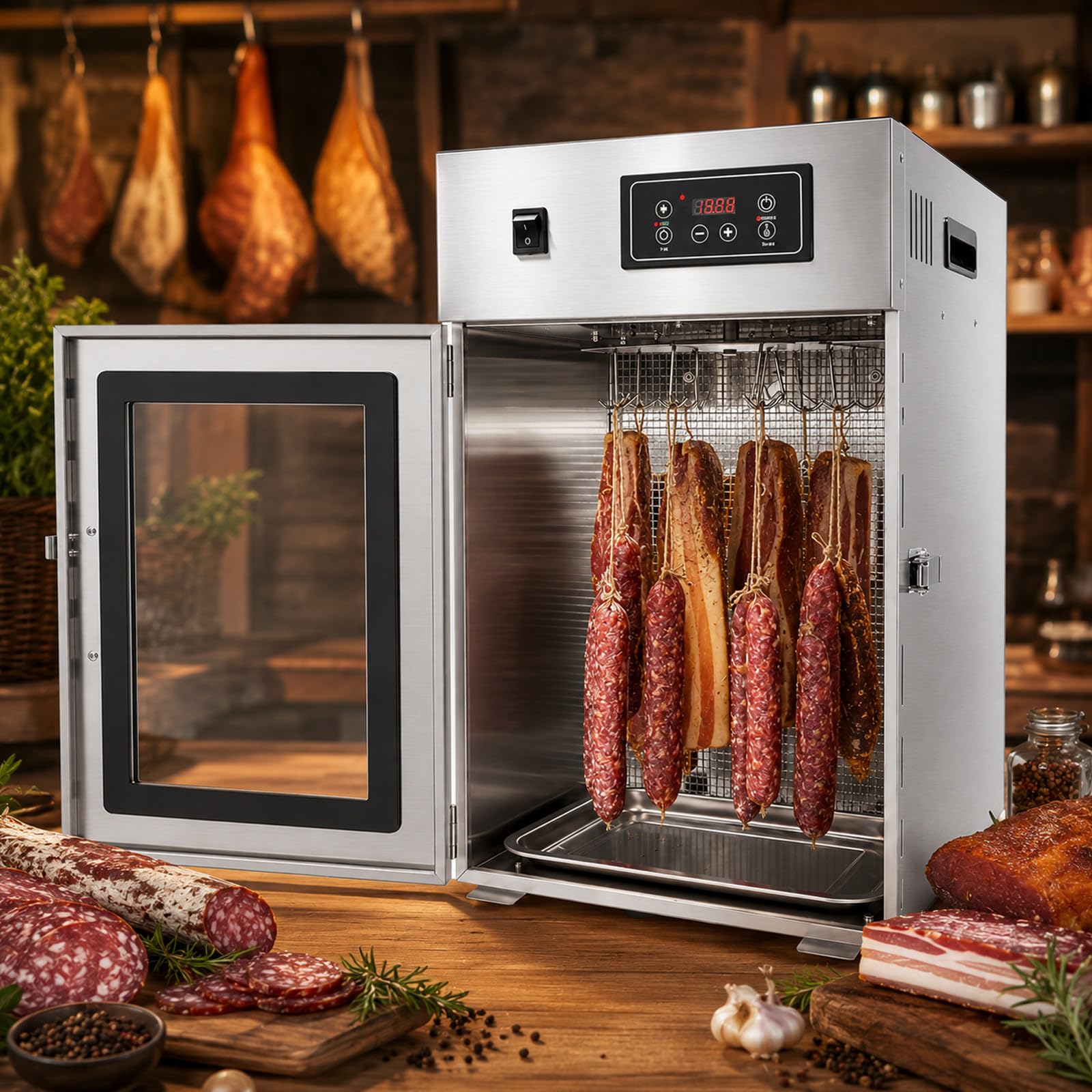 Dry AGER Reifeschrank, 800W Gewerblicher Dörrautomat mit 30-90℃ Temperaturregelung, 24h Timer, 14 Haken, 7,5 kg Edelstahl-Trockenschrank für Beef Jerky, Speck, Fisch und Geflügel