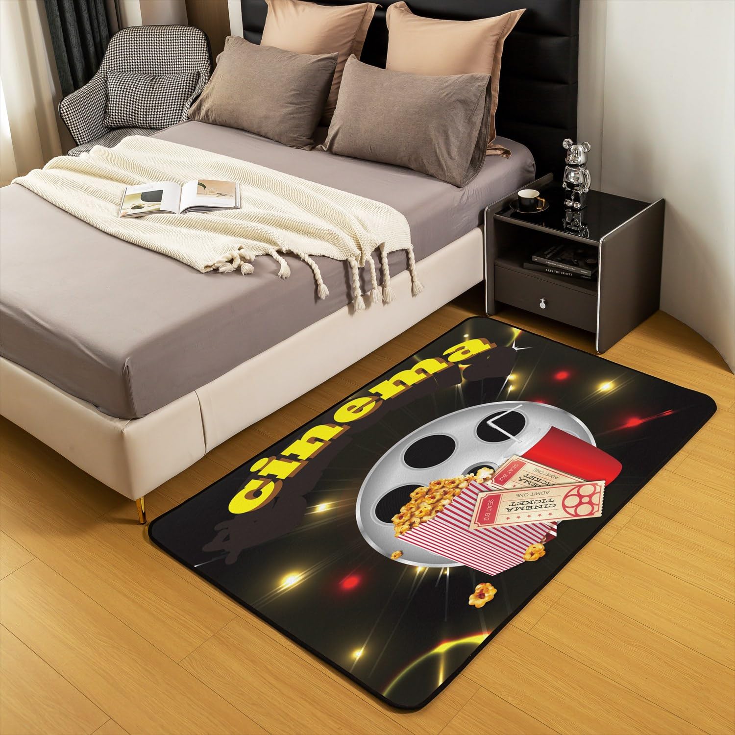 Tappeto decorativo a tema cinematografico, 150 x 200 cm, decorazione per cinema, soggiorno, per bambini, ragazzi e ragazze, decorazione per la notte del cinema, tappeto decorativo popcorn