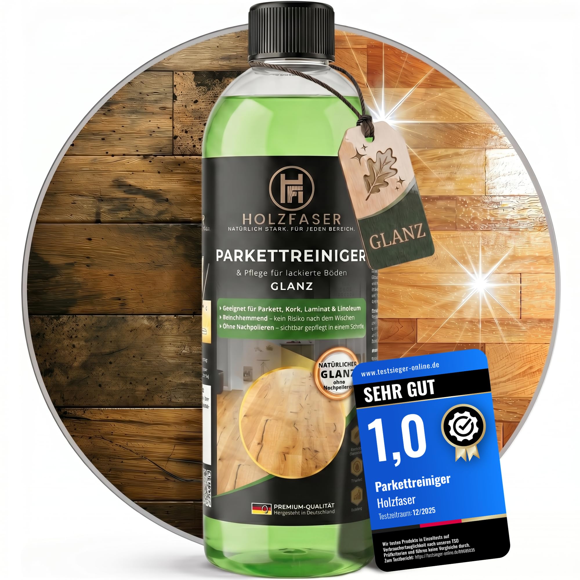 Holzfaser Parkettreiniger MATT/GLÄNZEND – 3-in-1 Konzentrat 1 L für versiegelte Parkett- & Holzböden, Parkett Pflege, Laminat & Kork | streifenfrei ohne Nachpolieren, rutschhemmend
