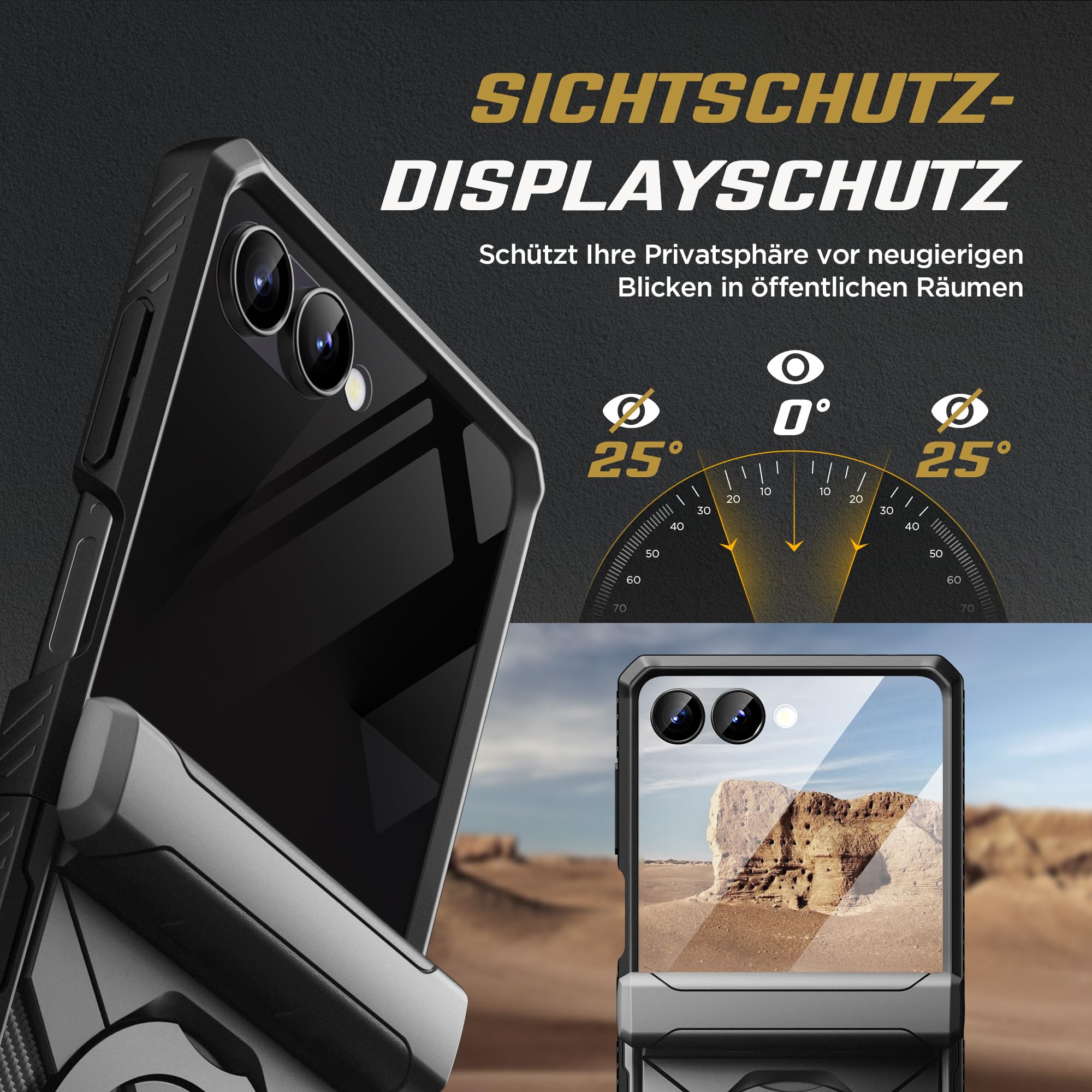 Tongate 360°Drehbarer Magnetständer für Z Flip 7 Hülle mit Privatsphäre Bildschirmschutz, [Kompatibel mit MagSafe] [Anti-Rutsch] [Scharnier Schutz] Ganzkörper Stoßfest Samsung Z Flip 7 Hülle, Schwarz | Kompatibel mit Magsafe, Anti-Spionage-Schutzhülle für