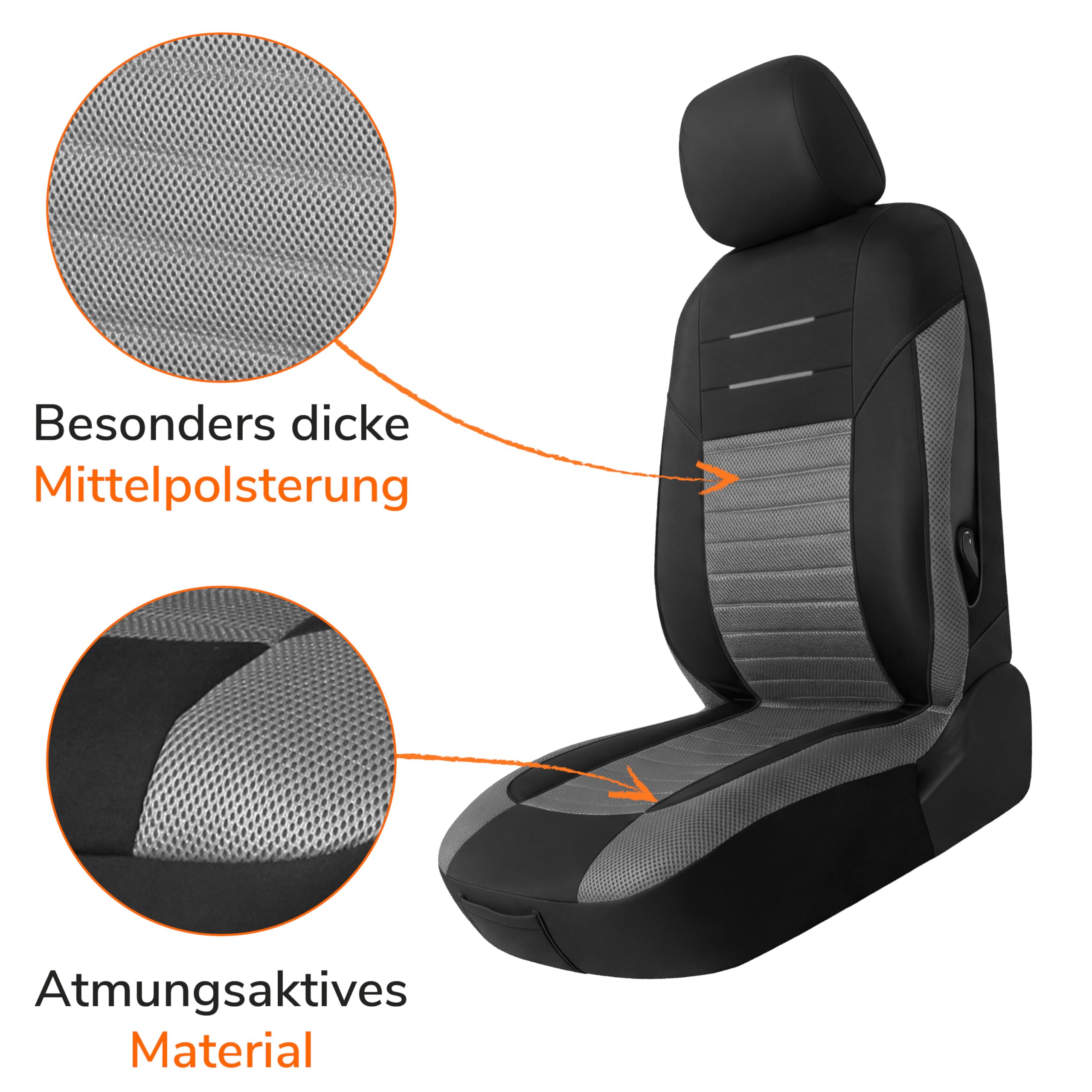 Upgrade4cars Autositzbezüge Set für die Vordersitze Version 2026 | Auto-Schonbezüge Universal in Grau für Fahrersitz & Beifahrer | Autozubehör Innenraum Deko