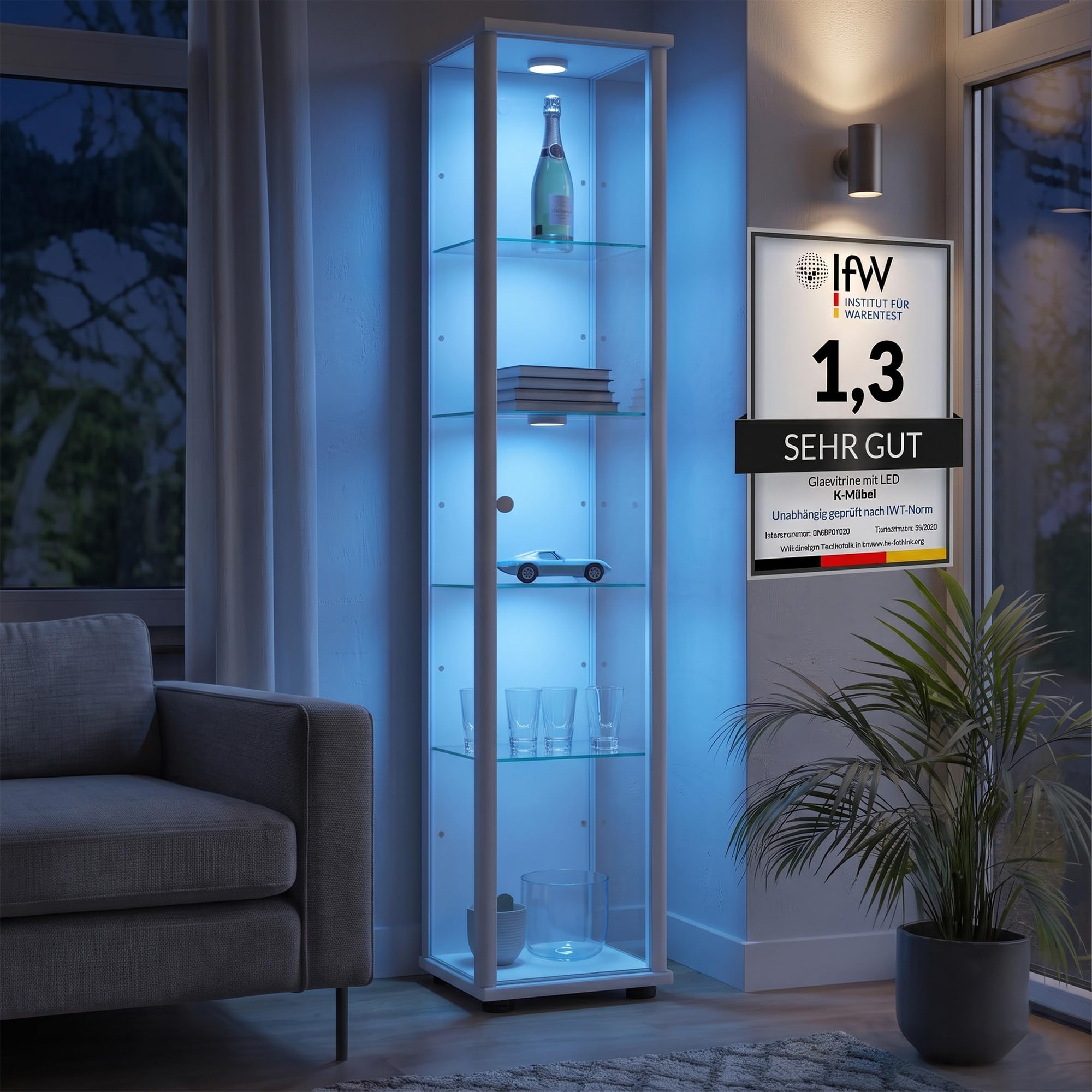 K-Möbel Glasvitrine Stehend (176x37x33cm) - Made in Germany - Vitrinenschrank Weiss mit 4 höhenverstellbaren Glasböden & LED - Vitrine Glas stehend - Glasschrank