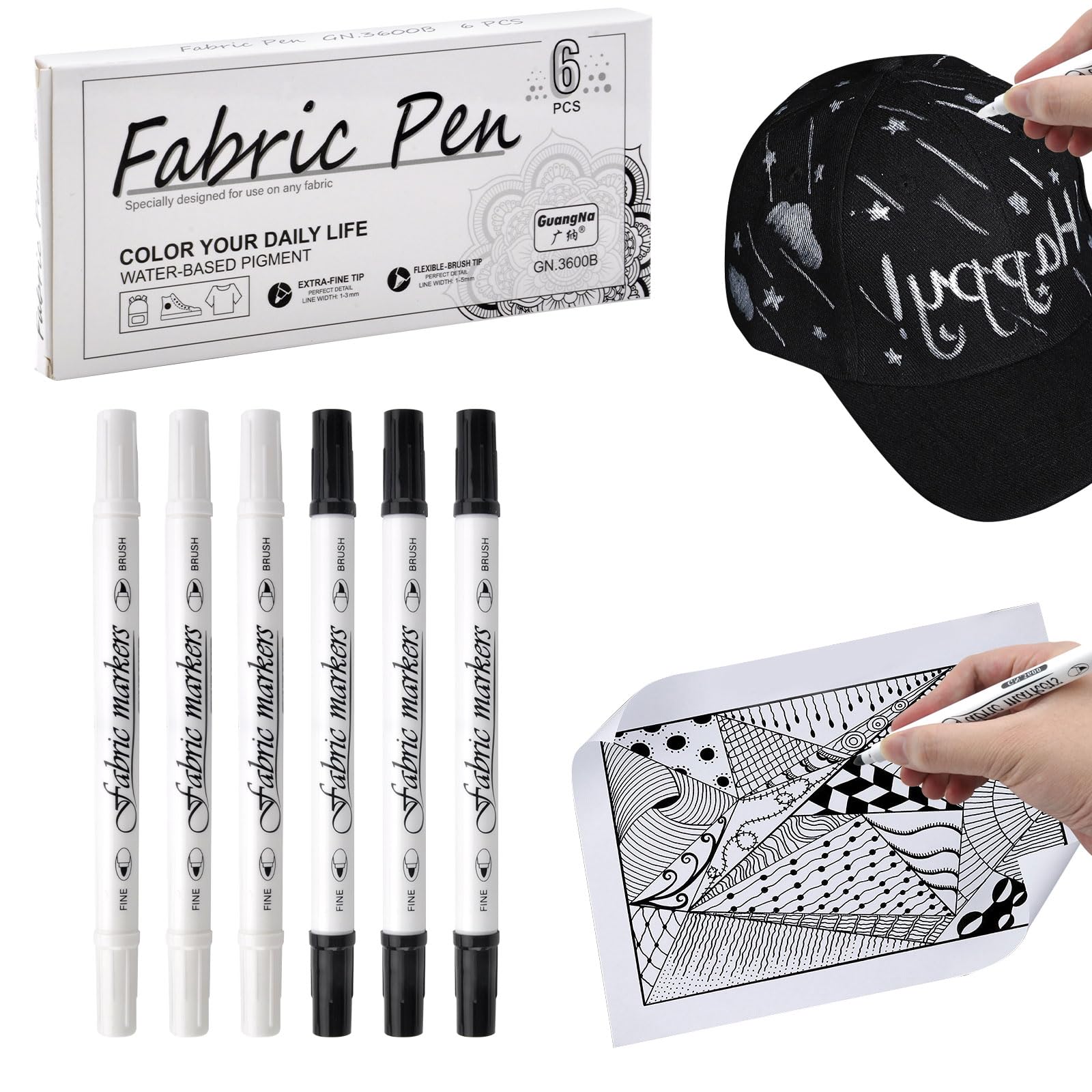 HENGBIRD Juego de 6 Rotulador Textil Permanente Blanco y negro, 1-5mm Rotuladores Doble Punta No Tóxicos y Lavable Marcadores para DIY Pintura Tela Ropa Zapatos Sombrero Bolsa de Lona Camisetas