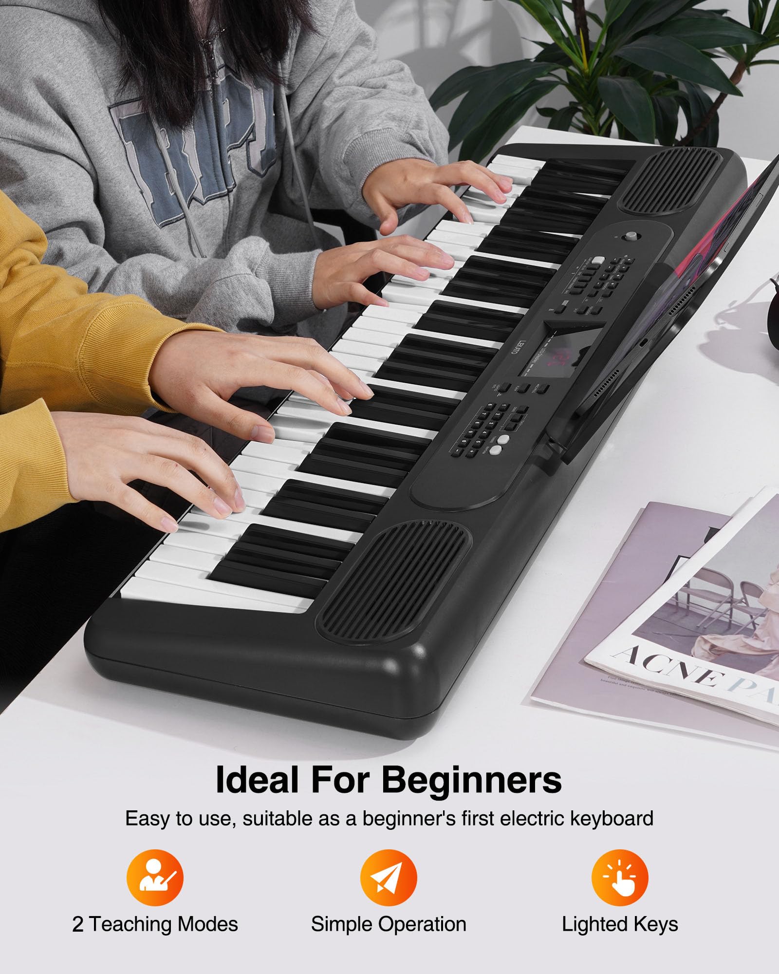 LEKATO Piano à clavier 61 touches, clavier électronique pour débutants avec touches éclairées et écran LED, deux haut-parleurs intégrés, modes d'apprentissage, pupitre, noir
