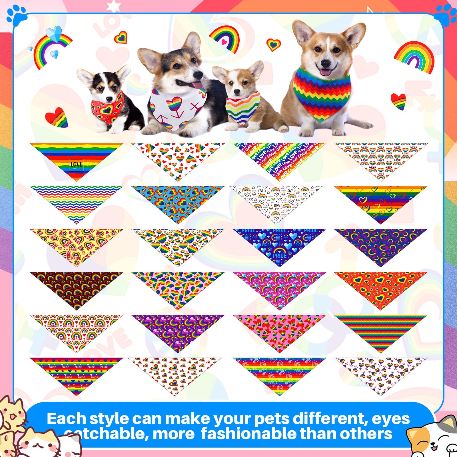 Chicingyou 48 bandanas de orgullo para perros LGBT, bufandas para mascotas con color arcoíris, rayas arcoíris, bandana para perros y gatos, bufanda triangular para vacaciones de verano, accesorios de