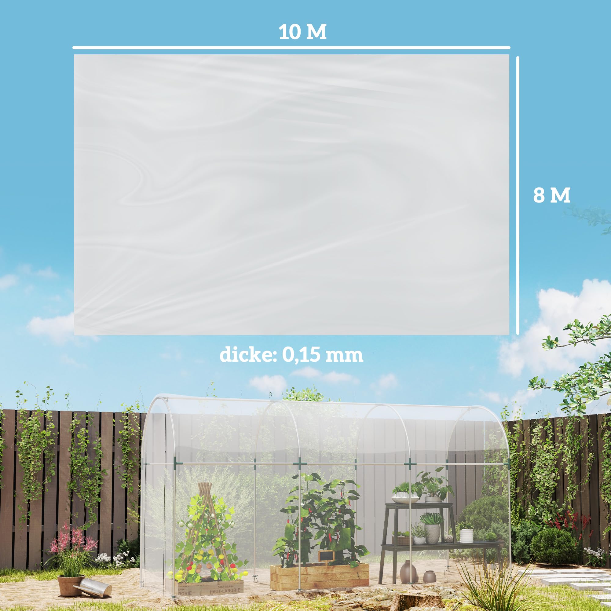 Outsunny lámina para invernadero 8x10 m lámina impermeable para jardín con protección UV, lámina de plástico extra gruesa resistente al desgarro, lona de cubierta para túnel de lámina para