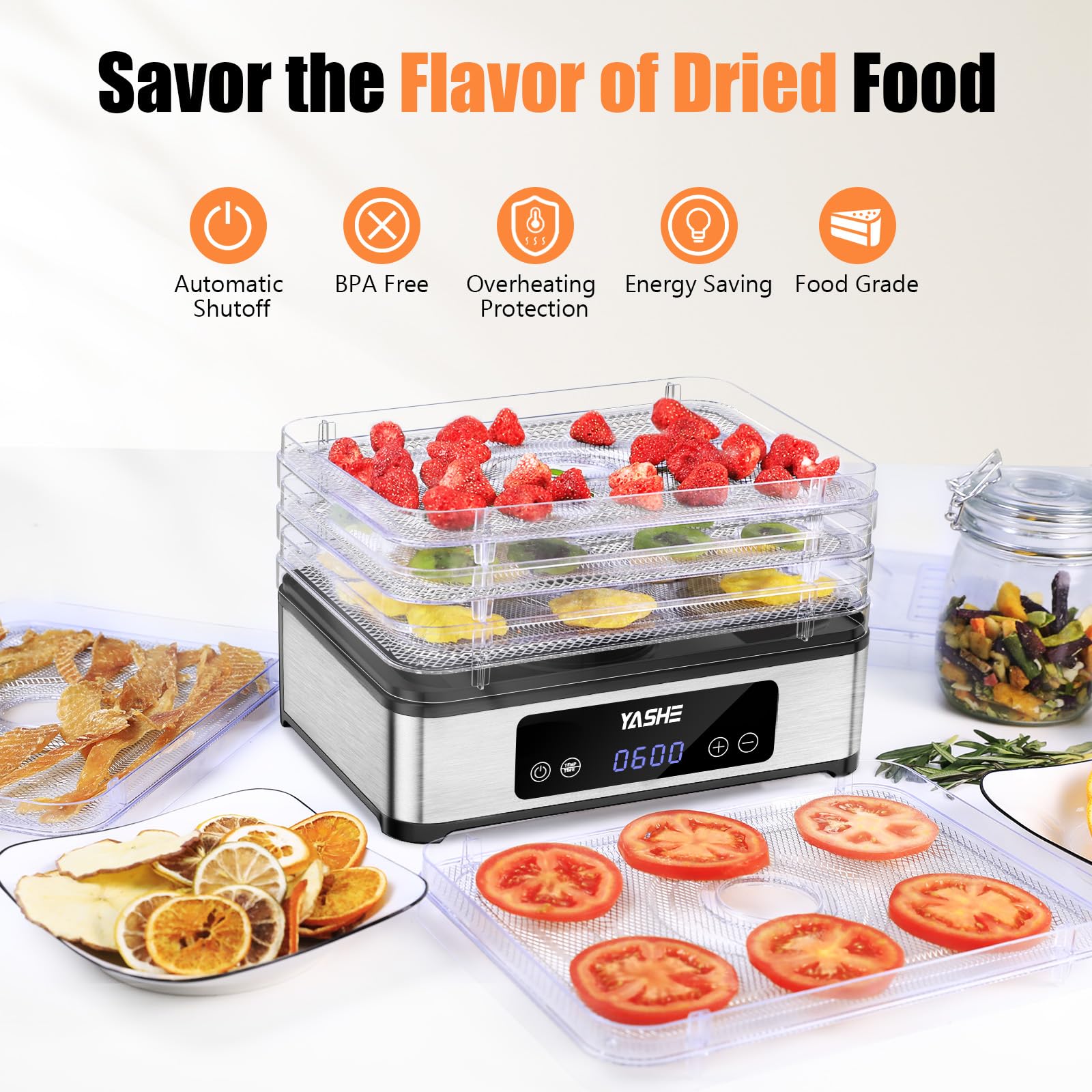 YASHE Déshydrateur Alimentaire, Séchoir à Aliments en Inox à 5 Plateaux, 400W, Minuterie et Température Réglables pour Viande Séchée, Herbes, Fruits et Friandises pour Chiens