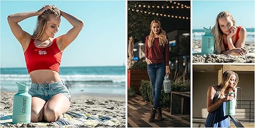 Miniatura 9 de Coldest Botella de agua deportiva (tapa con pajilla) a prueba de fugas de acero inoxidable con aislamiento para bebida fría o caliente, doble pared,