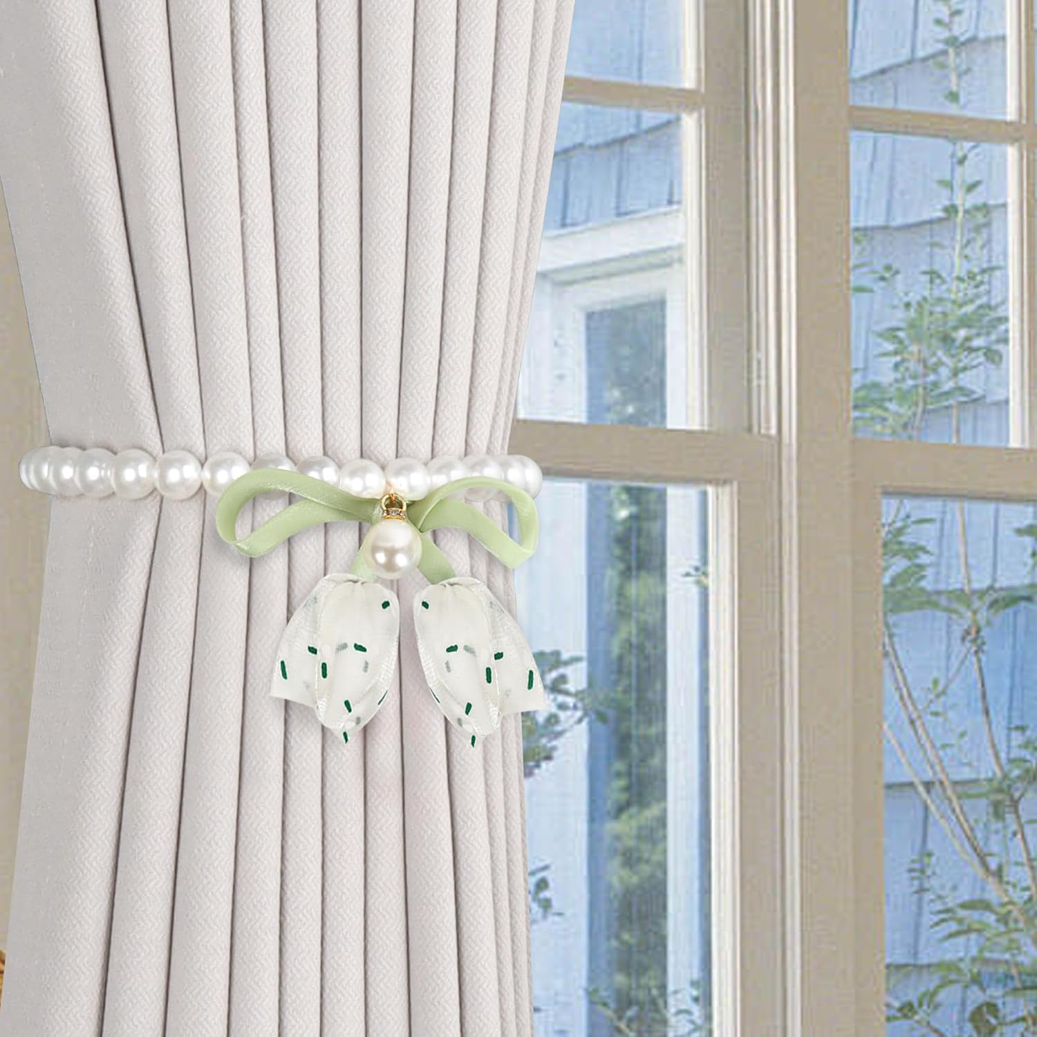 Meplait 2 Pack Pearl Magnetic Curtain Tiebacks & Holdbacks, Floral Beige image 3