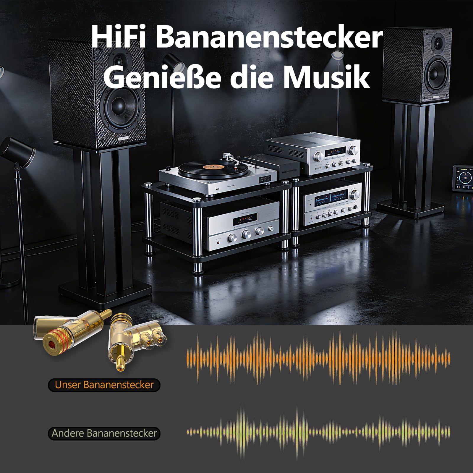 Monosaudio BA1403G Winkel-Bananenstecker, 24K Vergoldet, 8er Pack