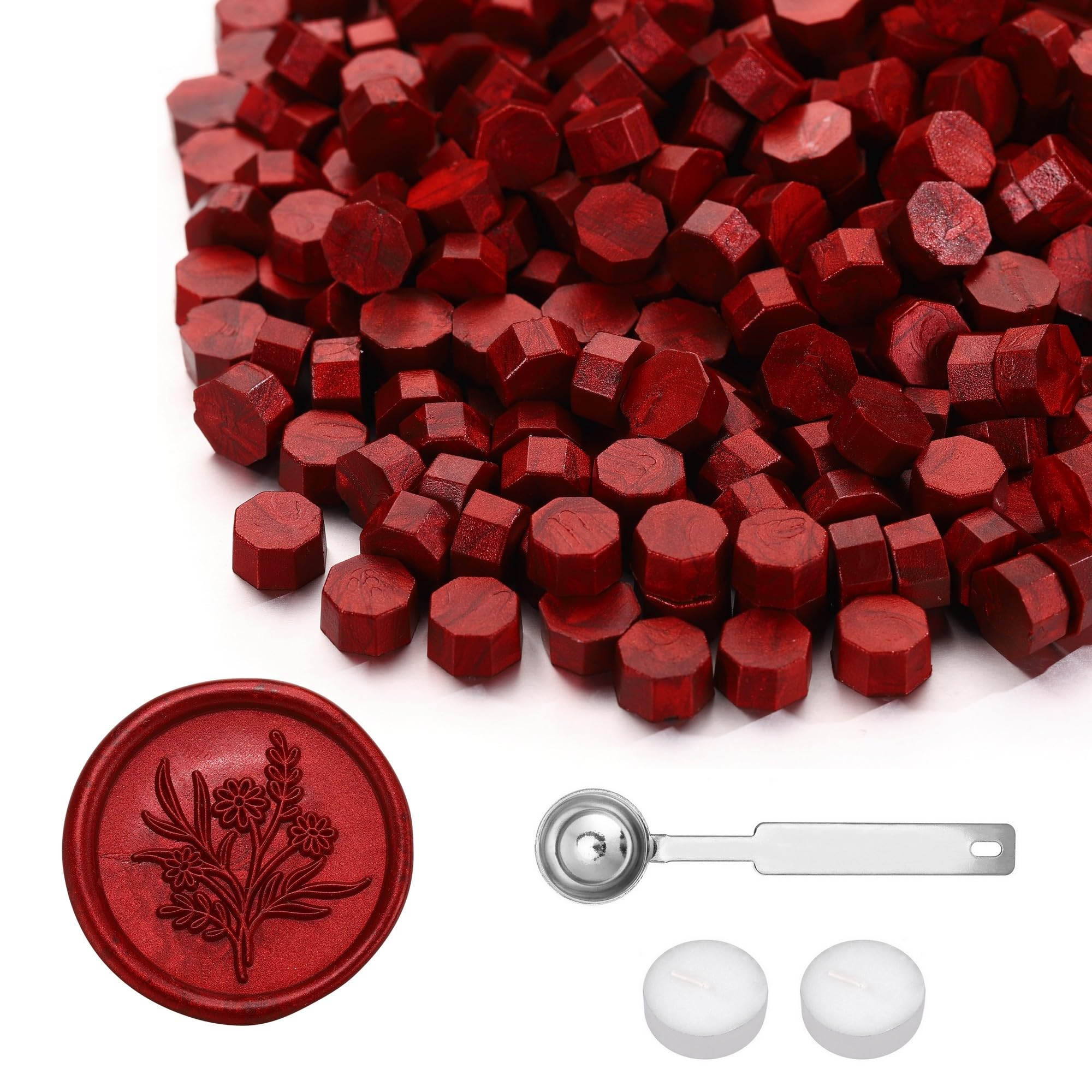 Yoption 360Pcs Blood Red Sealing Wax Beads with 2 Spoons and 4 Tea Candles for Wax Seal Stamps, Cards, Wedding Invitations, Wine Packaging, Gift Wrap, Envelopes