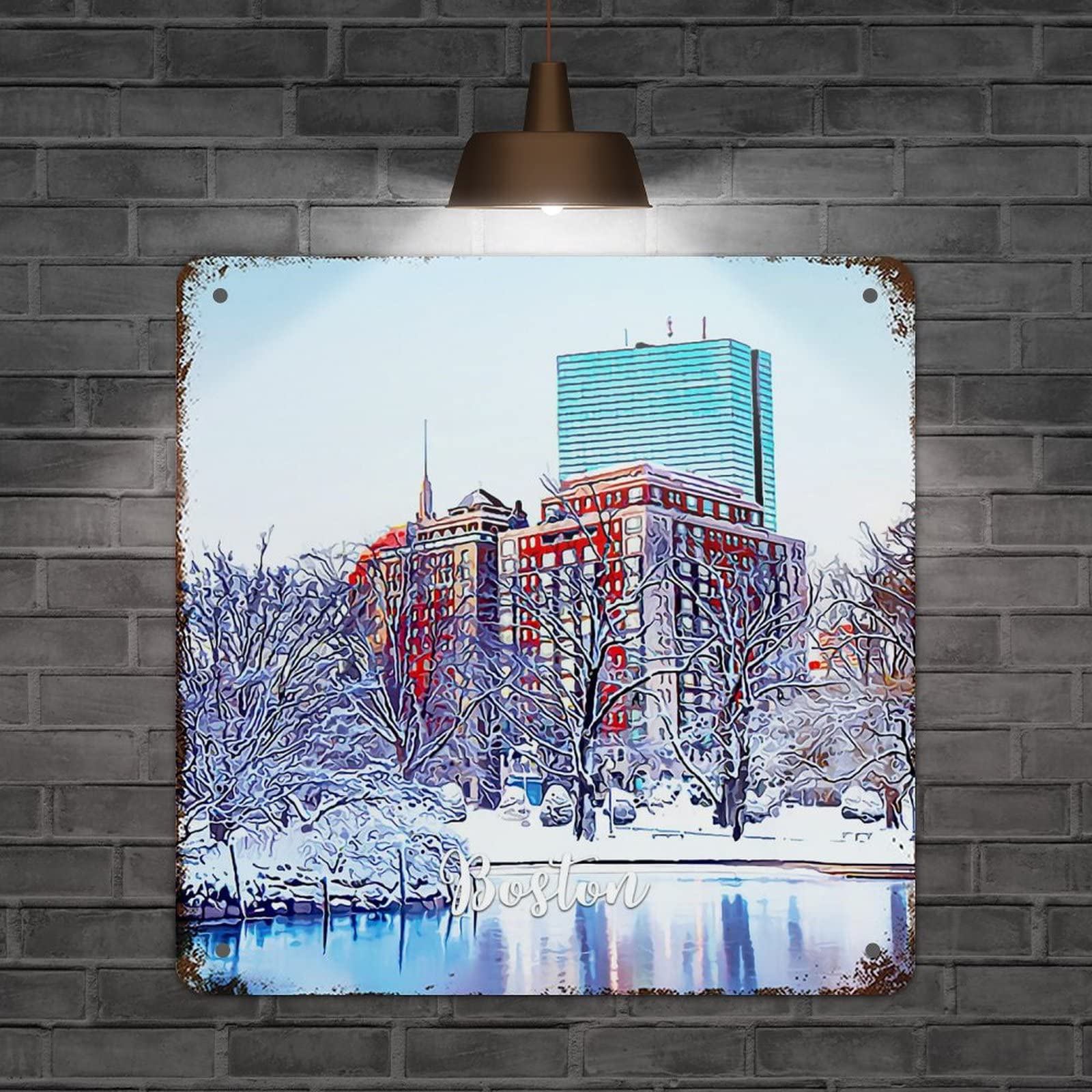 Plaque en métal Boston USA décoration murale rustique carrée 38 cm