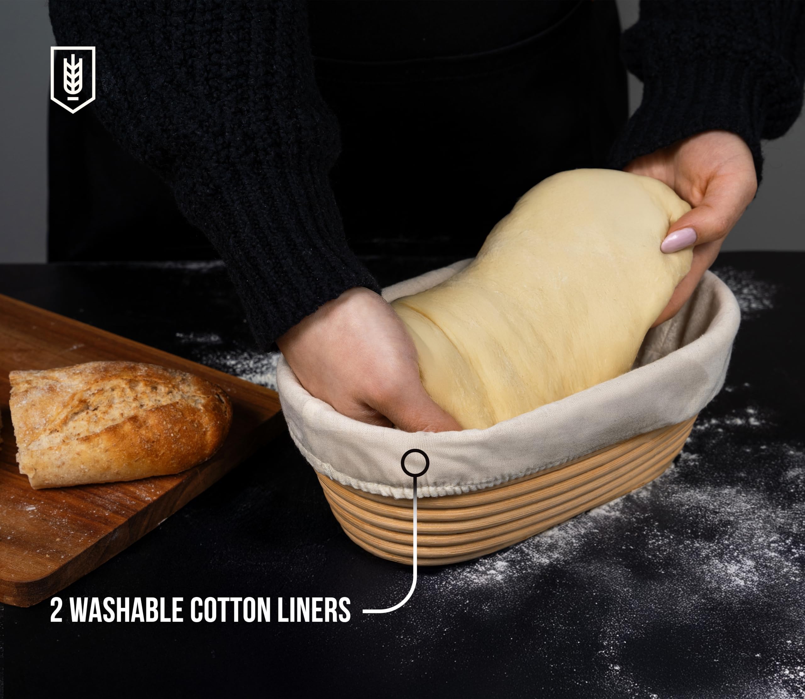 Kook Banneton Brotgärkörbe, handwerkliche Sauerteig-Brotherstellungskörbe, 24 cm, handgewebte Rattankörbe und Stoffeinlagen, oval, 2 Stück