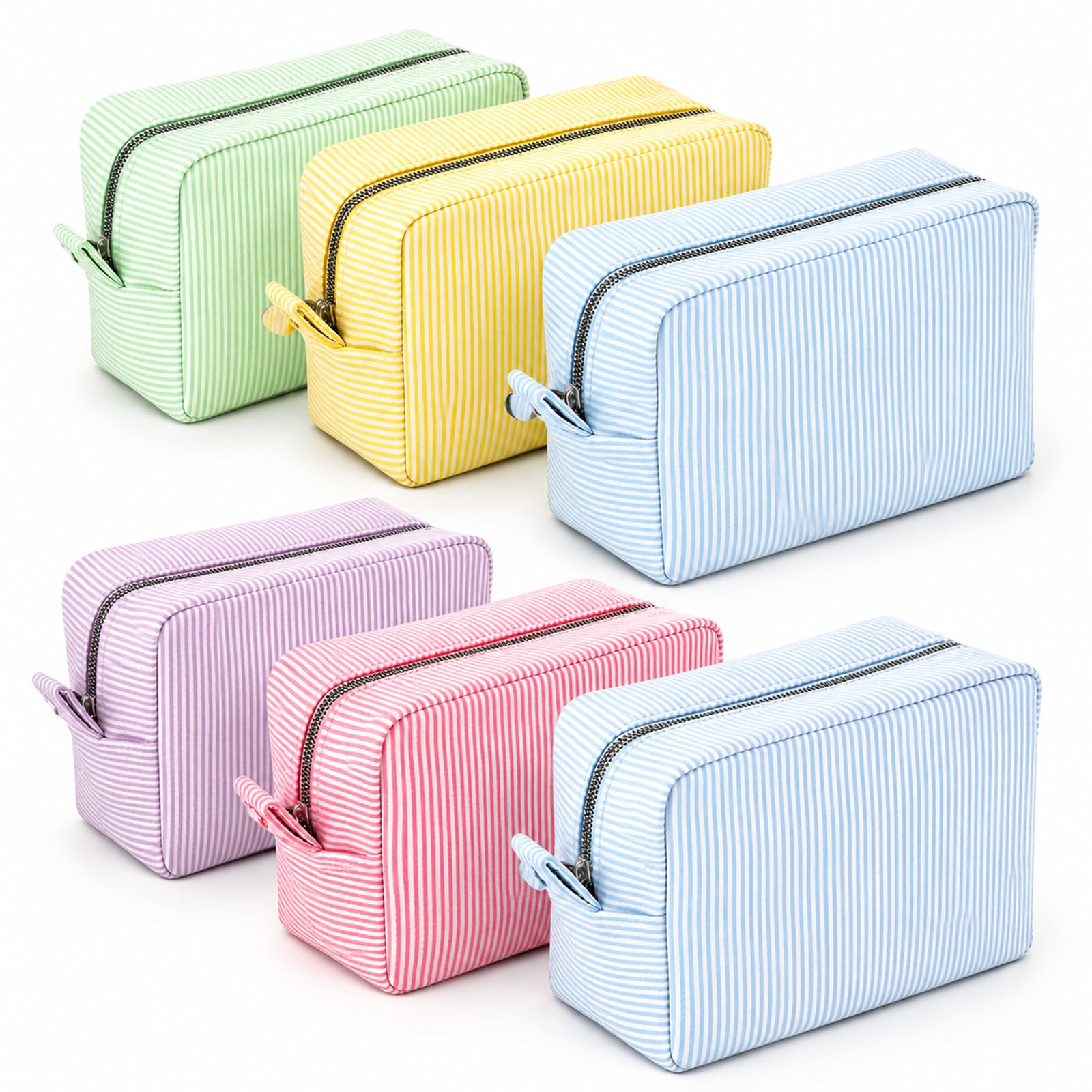 MIVIDE 6 Pack Seersucker Makeup Bags Bulk for Women, Striped Zippered