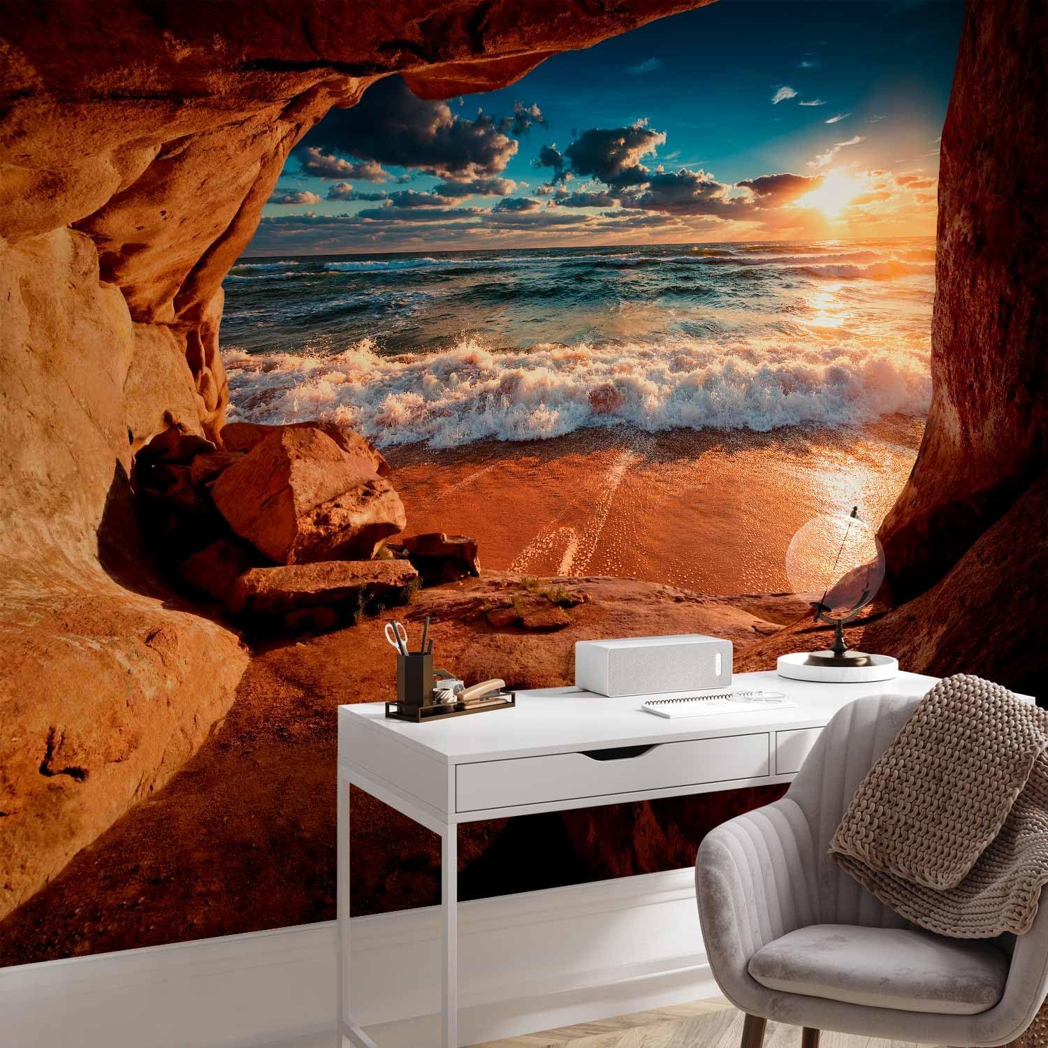 artgeist Wall Mural Beach Sea 135x101 in - Peel and Stick Self-Adhesive Wallpaper Removable Large Sticker Foil Wall Decor Print Picture Image Design Cave Rocks View c-C-0142-a-a