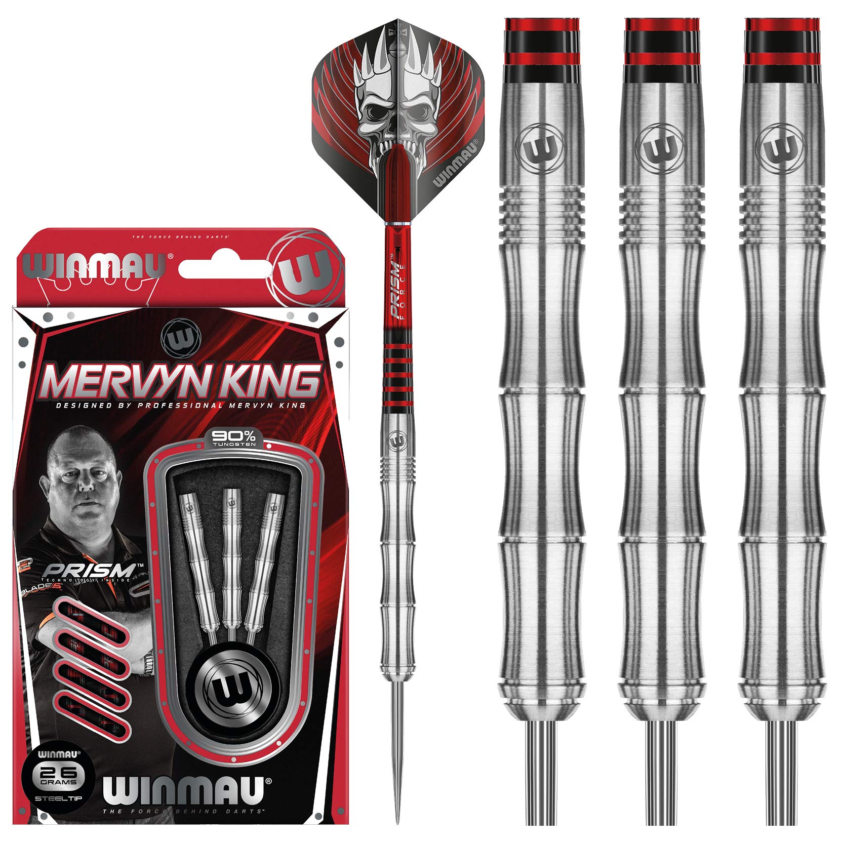 WINMAU Mervyn King Signature Edition 26 Gram Professional Steeltip Tungsten Darts Set with Flights and Stems (Shafts)