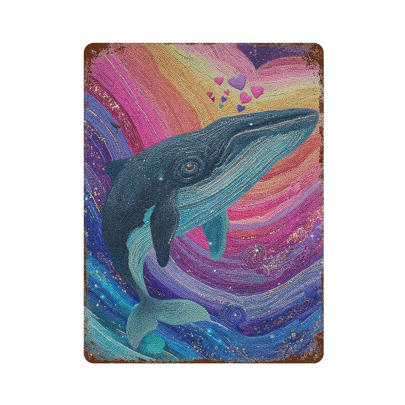 Whale Rainbow Heart Art Print Distressed Metal Wall Sign 15.7"x11.8", Rustic Home Decor for Living Room, Hallway And Home Decor