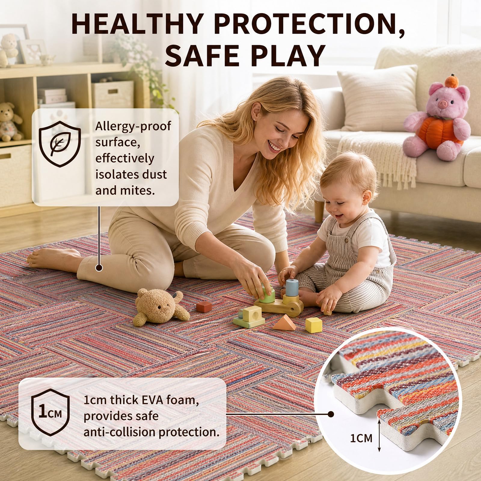 12 Pièces Tapis Puzzle, Dalle Mousse, Carreaux de Sol Emboîtables en Lin, Tapis Mousse Chambre Enfant, pour Salon et Chambre à Coucher, 30 x 30 cm - Rouge-Bleu