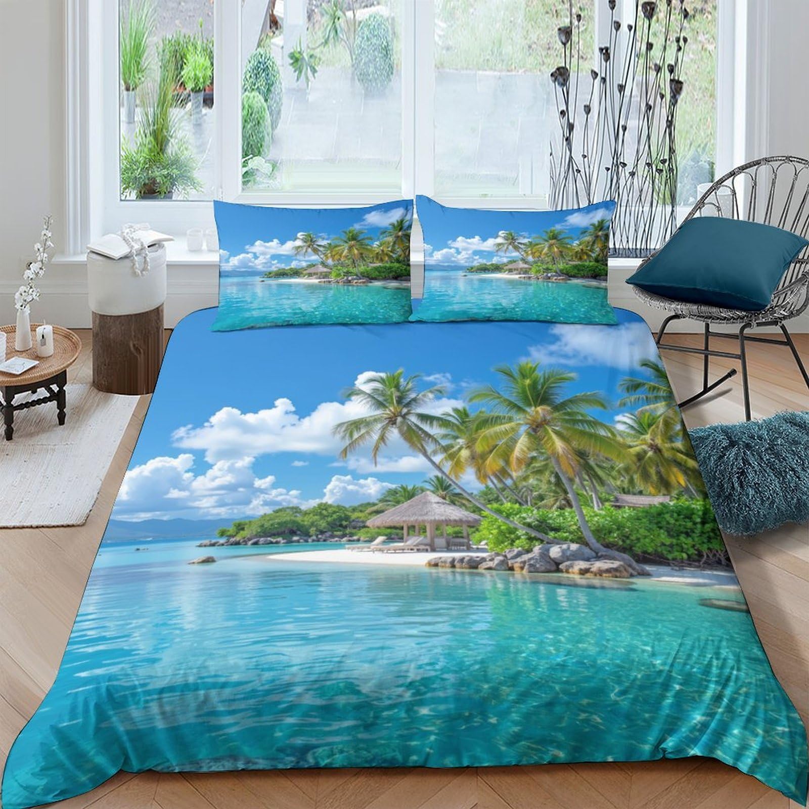 Ctjqhvkz Style-5 3D Printed Tropical Beach Fitted Sheet Microfiber Soft Palm Island Mattress Cover For Bedroom Guest Room Dorm Decor Single（135X200cm）