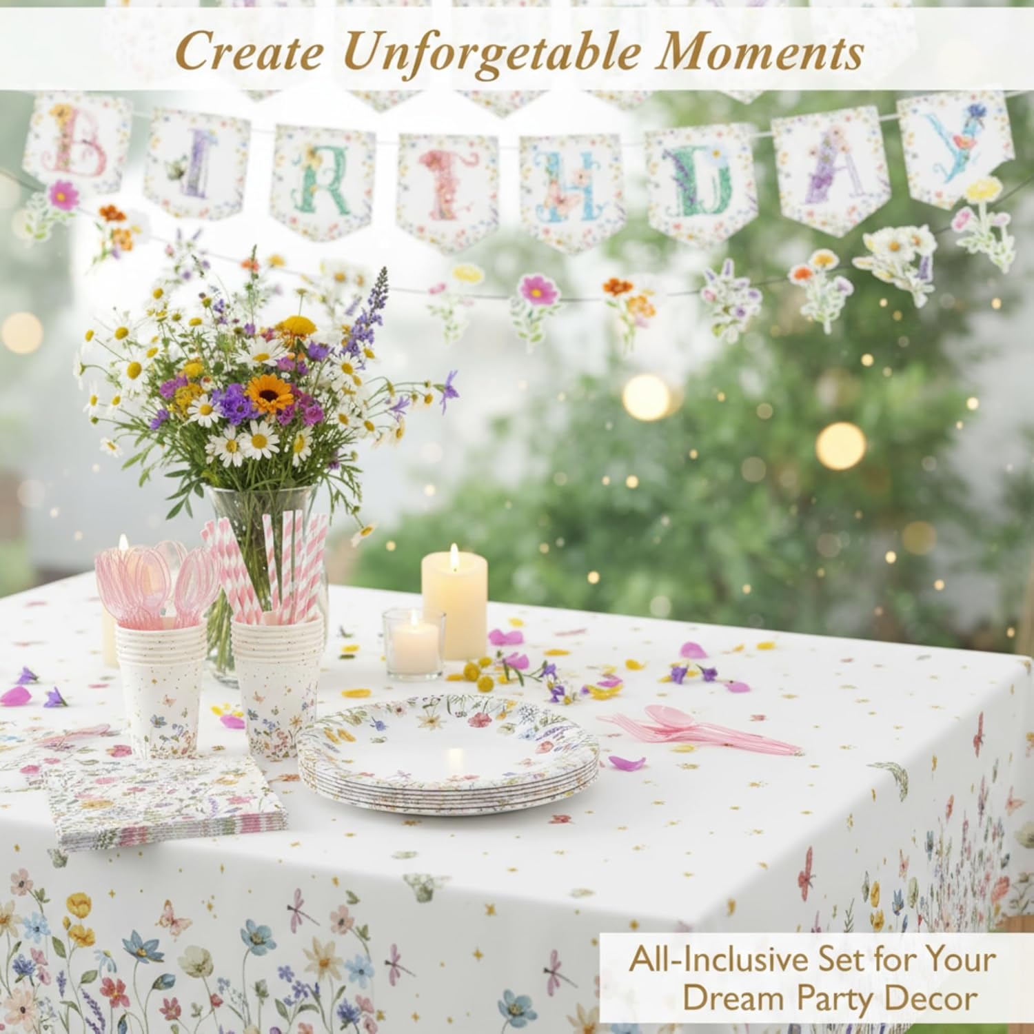 454PCS Wildflower Birthday Decorations Set, Floral Party Supplies with Plates, Napkins, Cups, Cutlery, Straws, Tablecloths, Banners for Tea Party Decorations, Serve 50 - Image 2