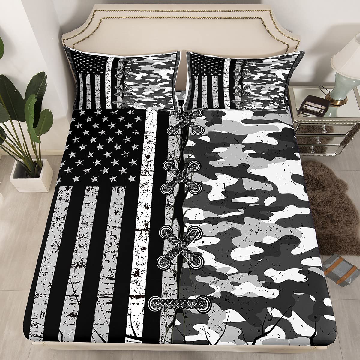 American Flag Bedding Sets Gray Military Camo Fitted Sheet Full for Boys Teen Grey Camouflage Usa Flag Fitted Bed Sheets Adult Women Men Vintage Grunge Stripes Bedding ,Not Include Flat/Top Sheet