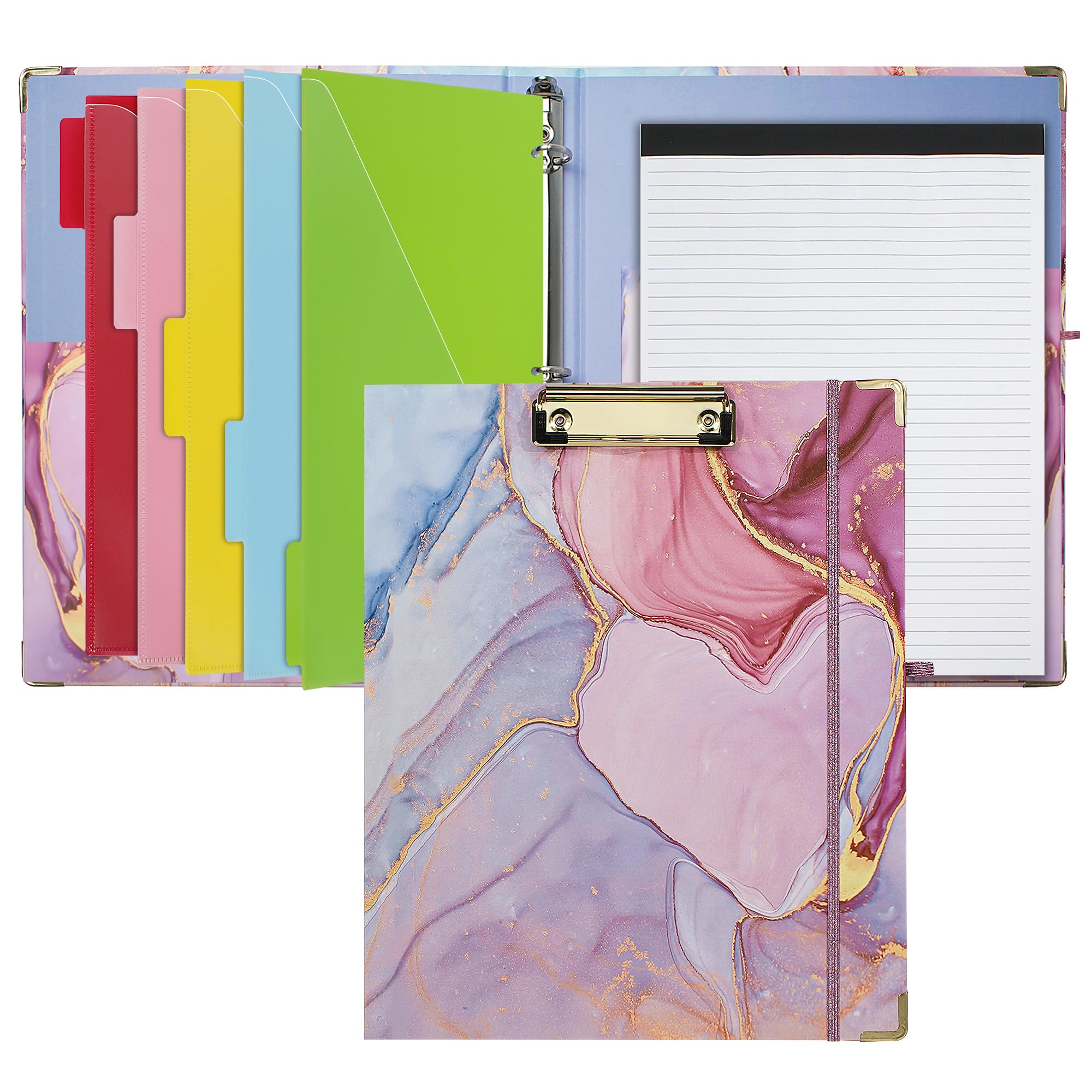 Hiwhy 3 Ring Binder with Clipboard, 1 Inch Letter Size, Cute Clipboards Binder with Refillable Notepad & 5 Extra Folders