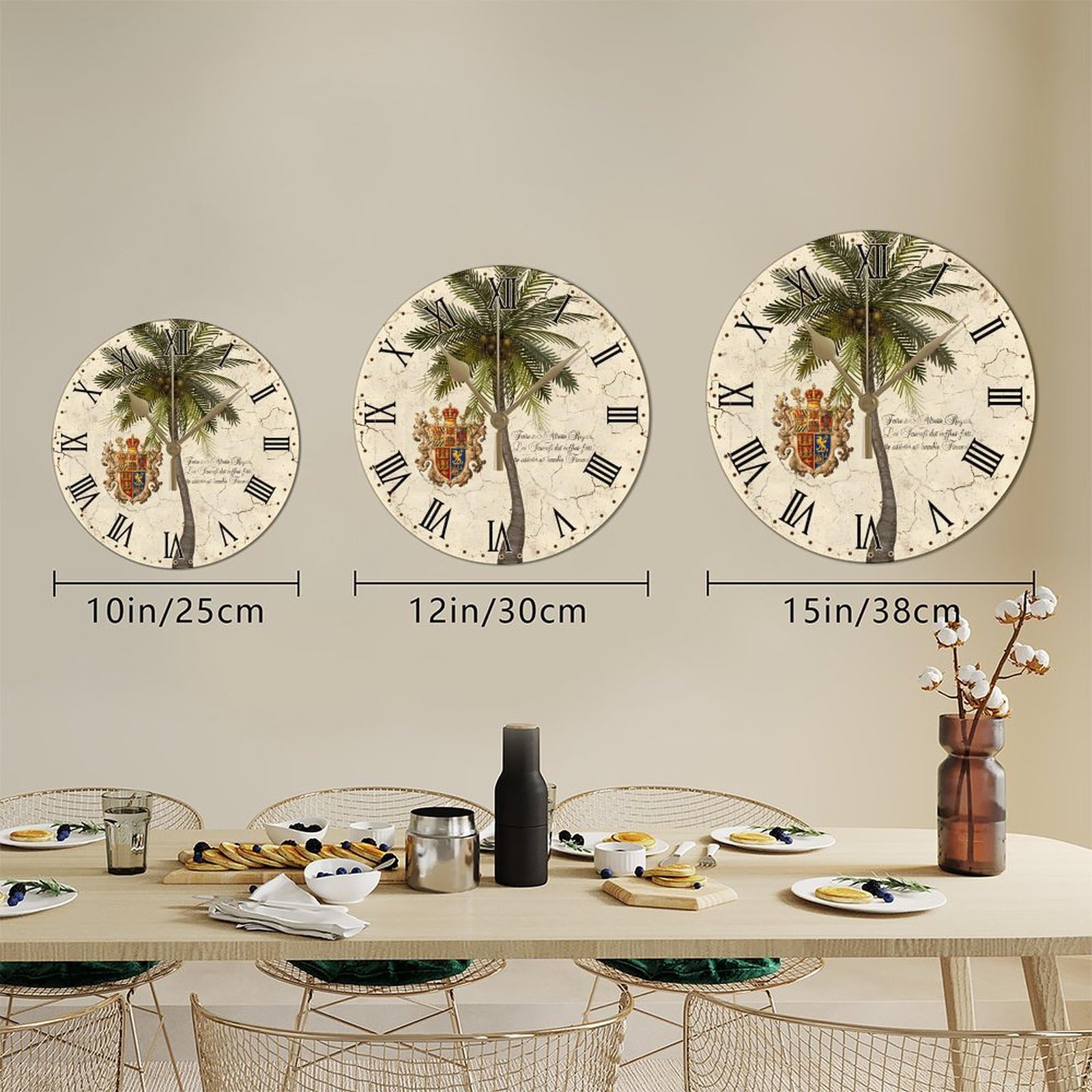 10 Inch Decorative Wall Clock - Rustic Palm Tree Design, Battery Operated & Silent | Wooden Clock For Living Room, Bedroom, Office