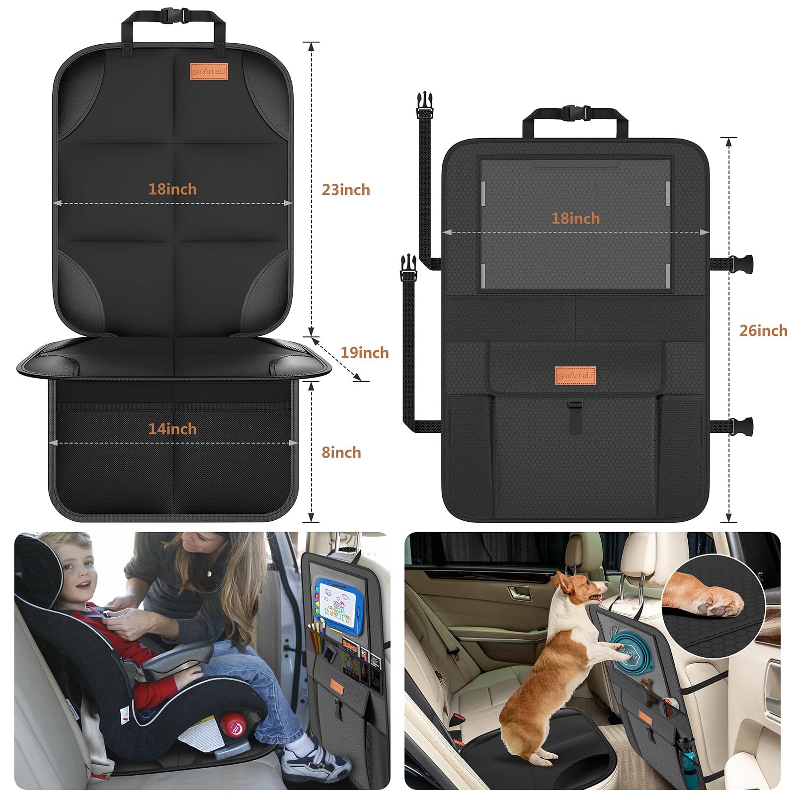 Non-Slip Backing Backseat Car Organizer Kick Mat with Storage Pockets, Large Waterproof Baby Car Seat Protector for Leather and Fabric (Black)