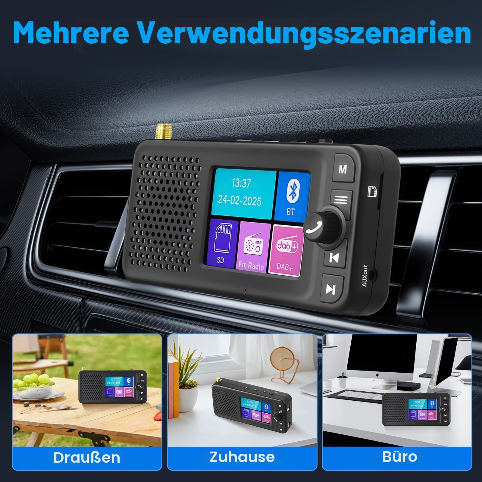 DAB Adapter für Autoradio Digital Radio Bluetooth-Freisprecheinrichtung, 2,4 Zoll LCD Display DAB+ Adapter für Autoradio FM Transmitter, BT-Musik AUX-Schnittstelle