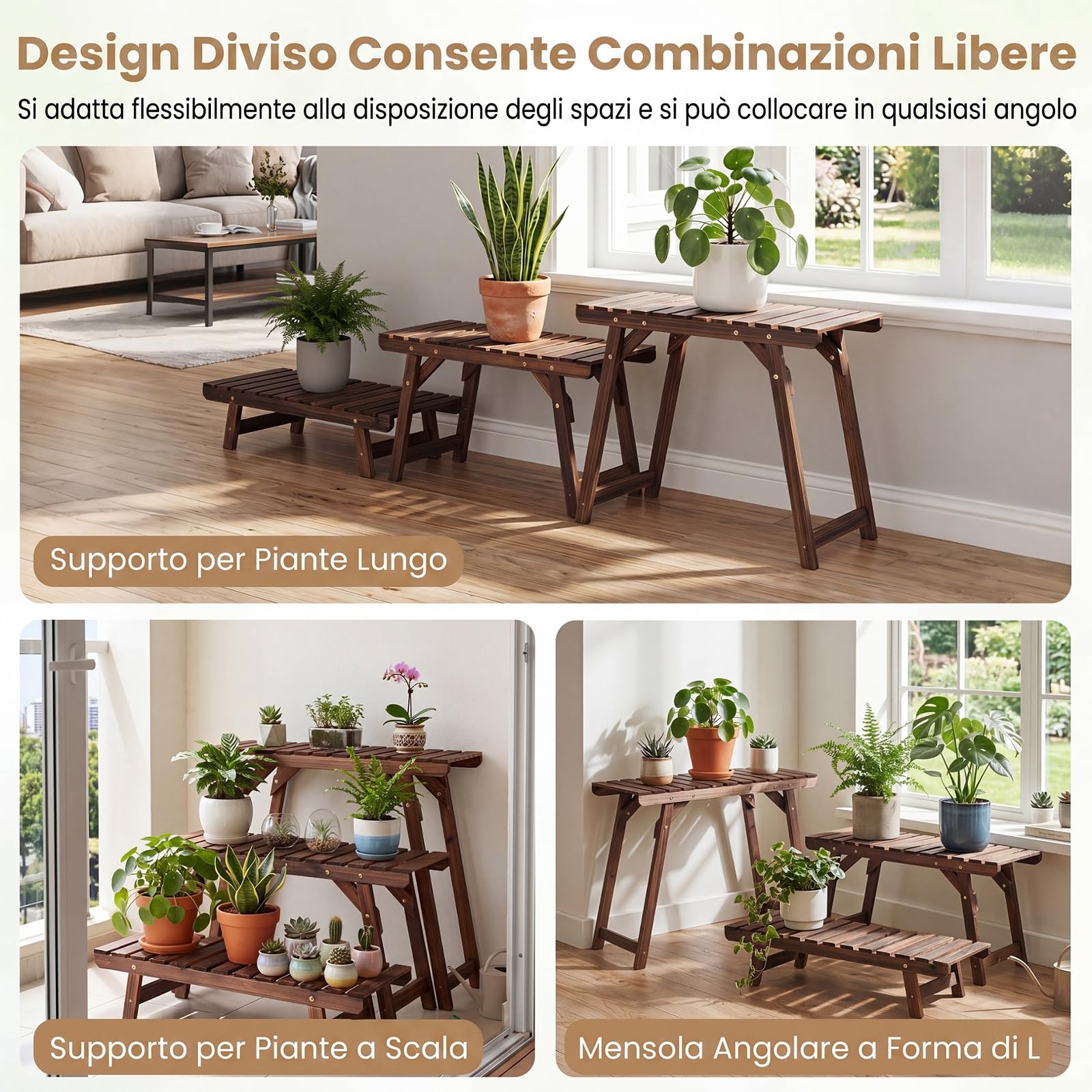 COSTWAY Porta Piante a 3 Livelli in Legno di Abete a Doghe | Scaffale Portavasi a Scala da Interno ed Esterno per Terrazza, Balcone e Giardino, Marrone