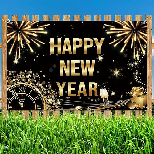 Miniatura 3 de Cartel de feliz año nuevo de 71 x 45 pulgadas, fondo dorado grande de feliz año nuevo 2024, decoración de Nochevieja, suministros para fiestas,