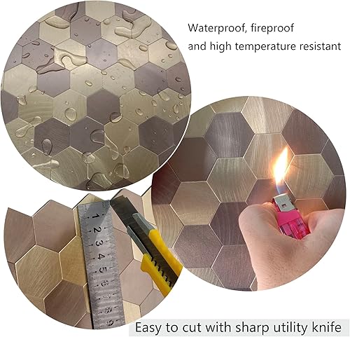Miniatura 4 de YMMXGE Azulejo de pared hexagonal 3D para cocina, baño, sala de estar, adhesivo autoadhesivo de aluminio de 11.4 x 11 x 0.15 pulgadas (10, dorado +
