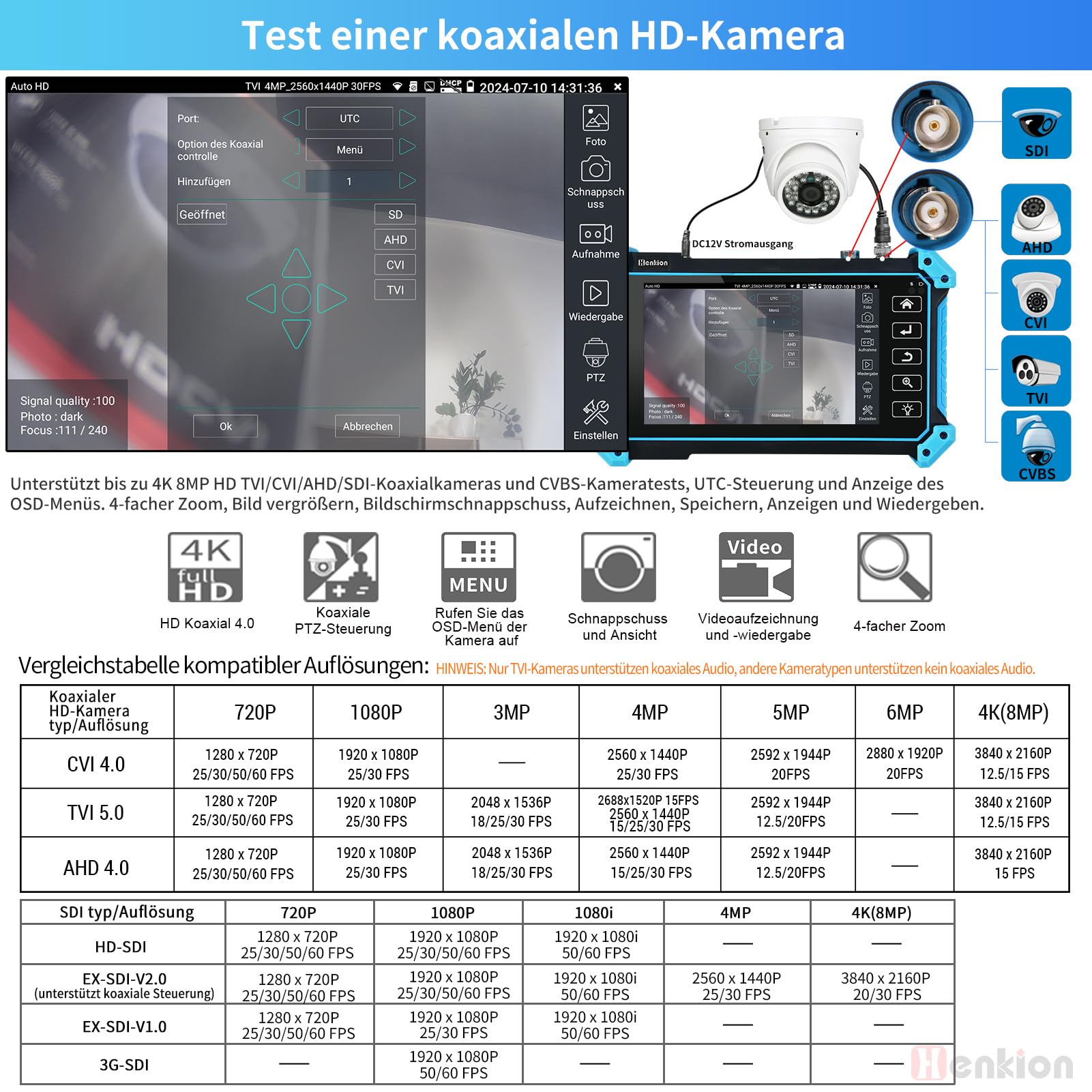 Henkion Probador CCTV IPC-5200C Plus Tester, Monitor con Pantalla Táctil IPS 5.4", 8MP AHD CVI TVI CVBS IP, Monitor de Video 4K H.265, Soporte PoE PTZ WiFi RS485, Rastreador de Cable, Entrada HDMI VGA