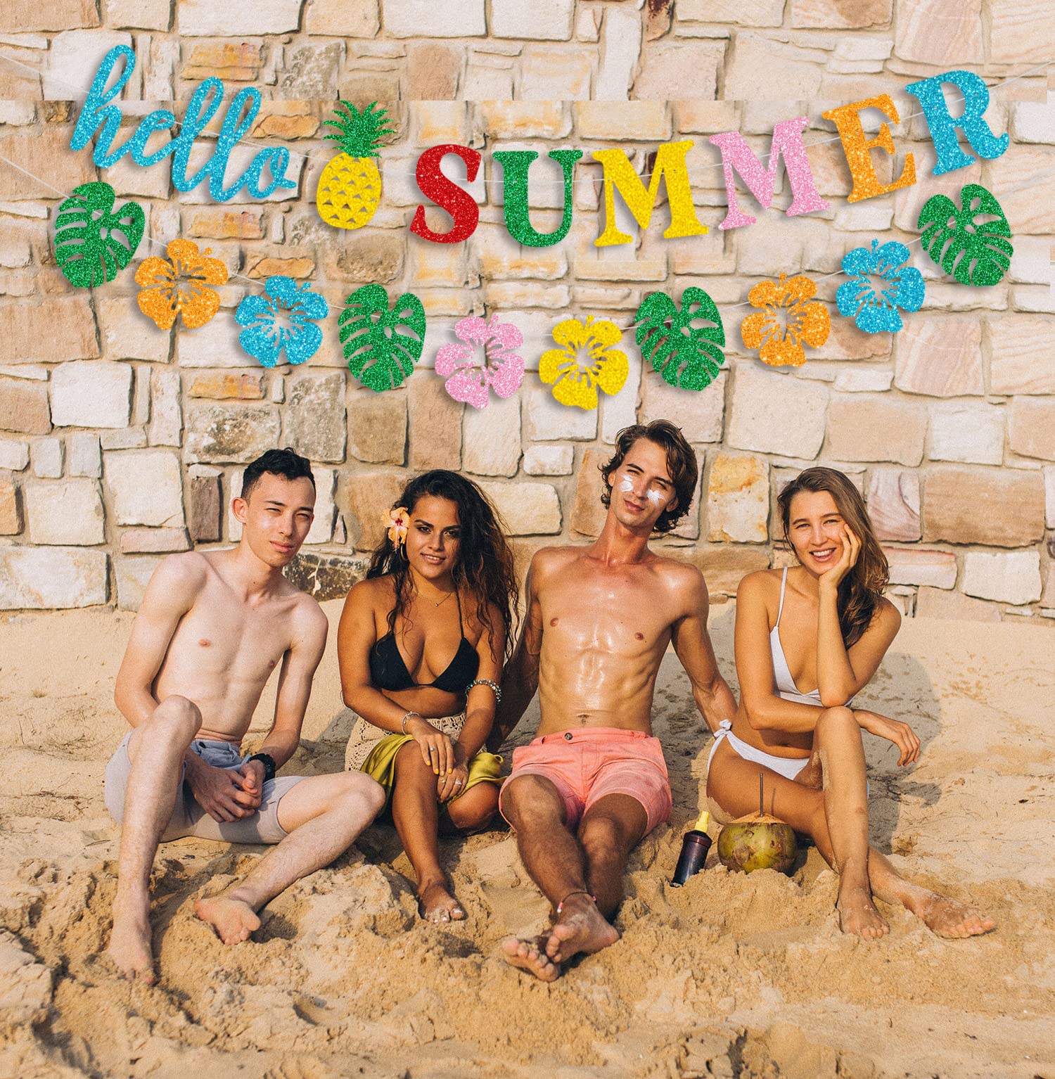 Glittery Hello Summer Banner - Tropical Hawaiian Luau Party Decor - Pre-Assembled Bunting For Indoor & Outdoor - View #12