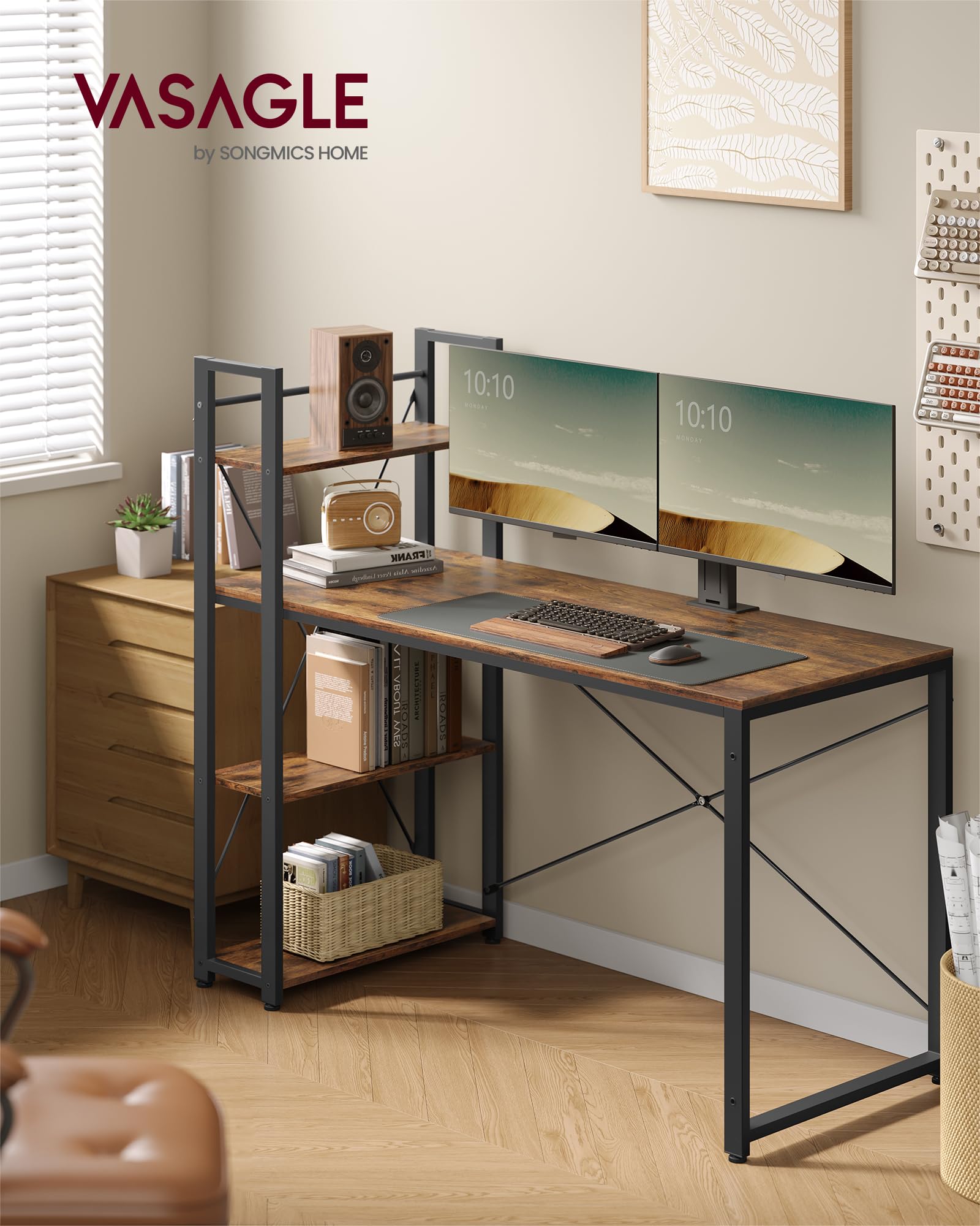 VASAGLE bureau, klein computerbureau, bureau voor werkkamer, slaapkamer, 100 x 50 x 76 cm, industrieel ontwerp, metalen frame, vintage bruin-zwart LWD41X