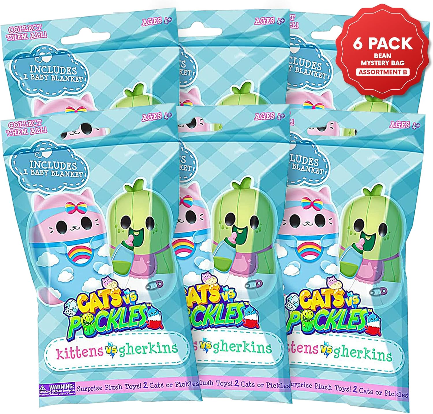 Cats vs Pickles Kittens vs Gherkins - Mystery Bags - 6pk - 3" Squishy Bean Filled Plushies! Collect These as Stocking Stuffers, Fidget Toys, or Sensory Toys - Great for Kids, Boys, & Girls Set B