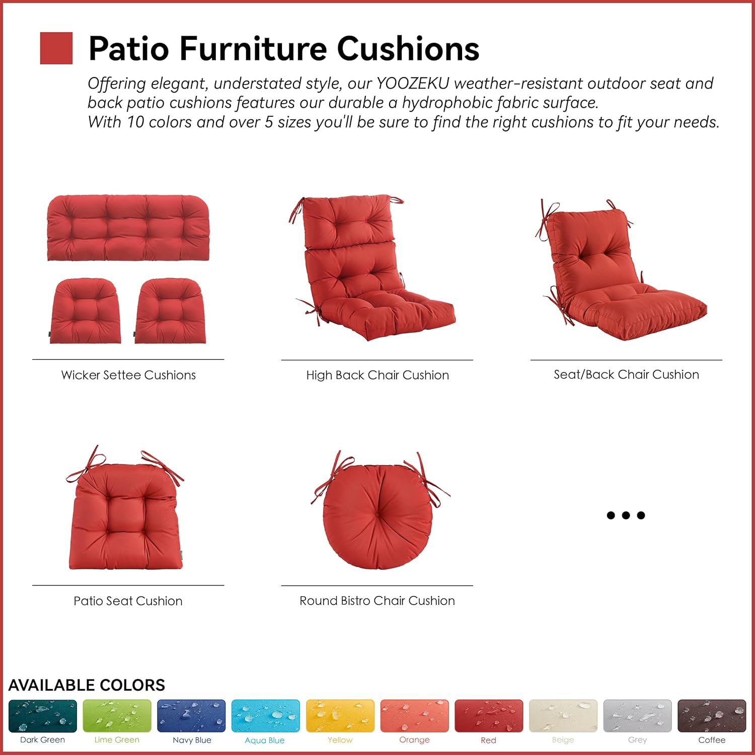 Outdoor Indoor Seat/Back Chair Tufted Cushion,All-Weather Patio Chair Cushion with Ties,for Patio Furniture,Red