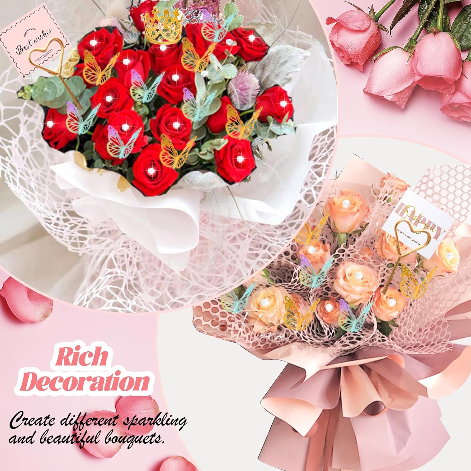 512Pcs Flower Wrapping Paper Kit with 120 Sheets Waterproof Floral Wrapping Paper 3D Butterfly Decor Crowns,Bouquet Pins Ribbons,DIY Crafts for Mother's Day Valentines Graduation Birthday Gift