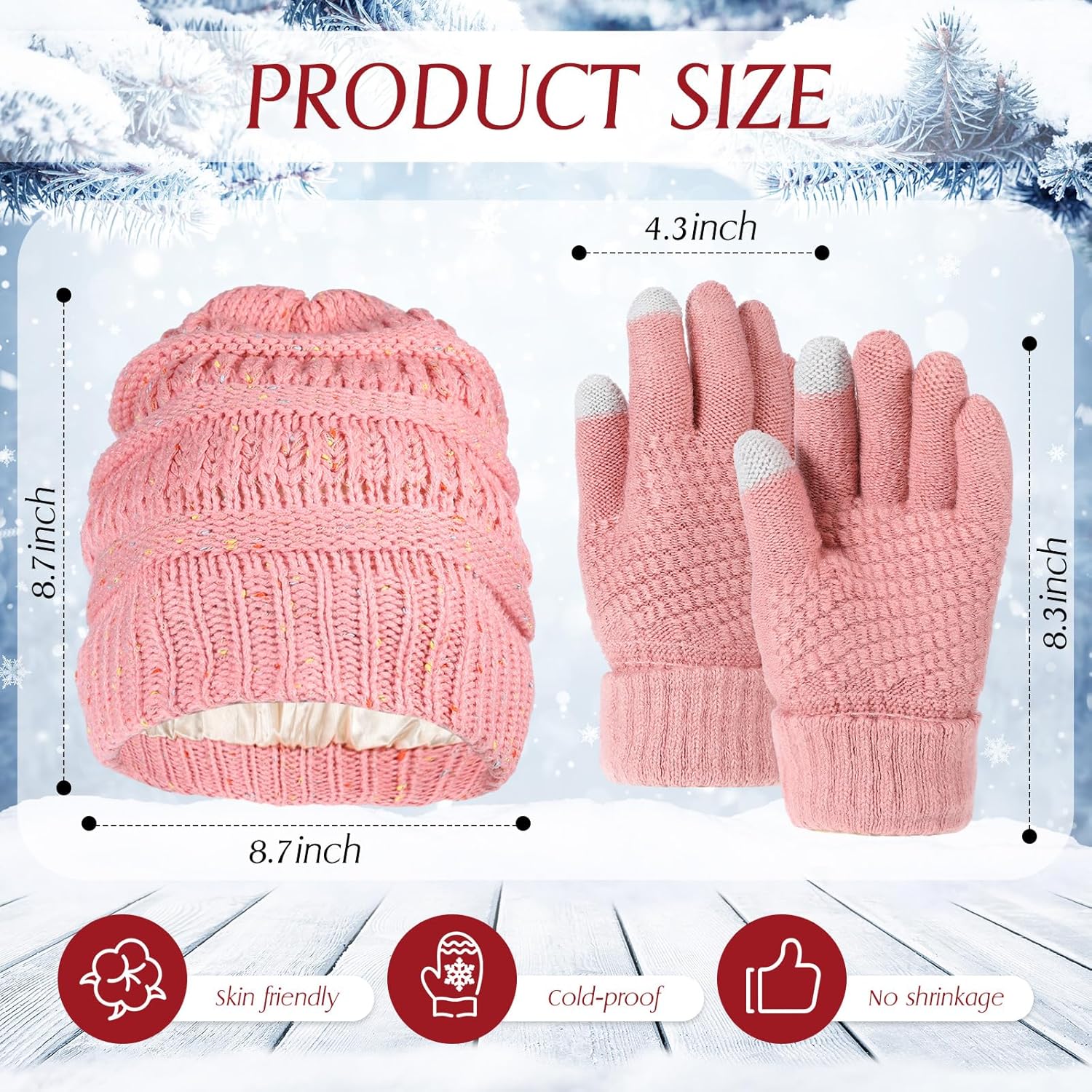Suhine 18 Pcs/ 9 Sets Women Satin Lined Knitted Beanie Glove Set Knitted Beanie Hat 9 Pcs Knit Skull Caps 9 Pairs Touchscreen Gloves for Winter Cold Weather, 9 Colors - Image 2