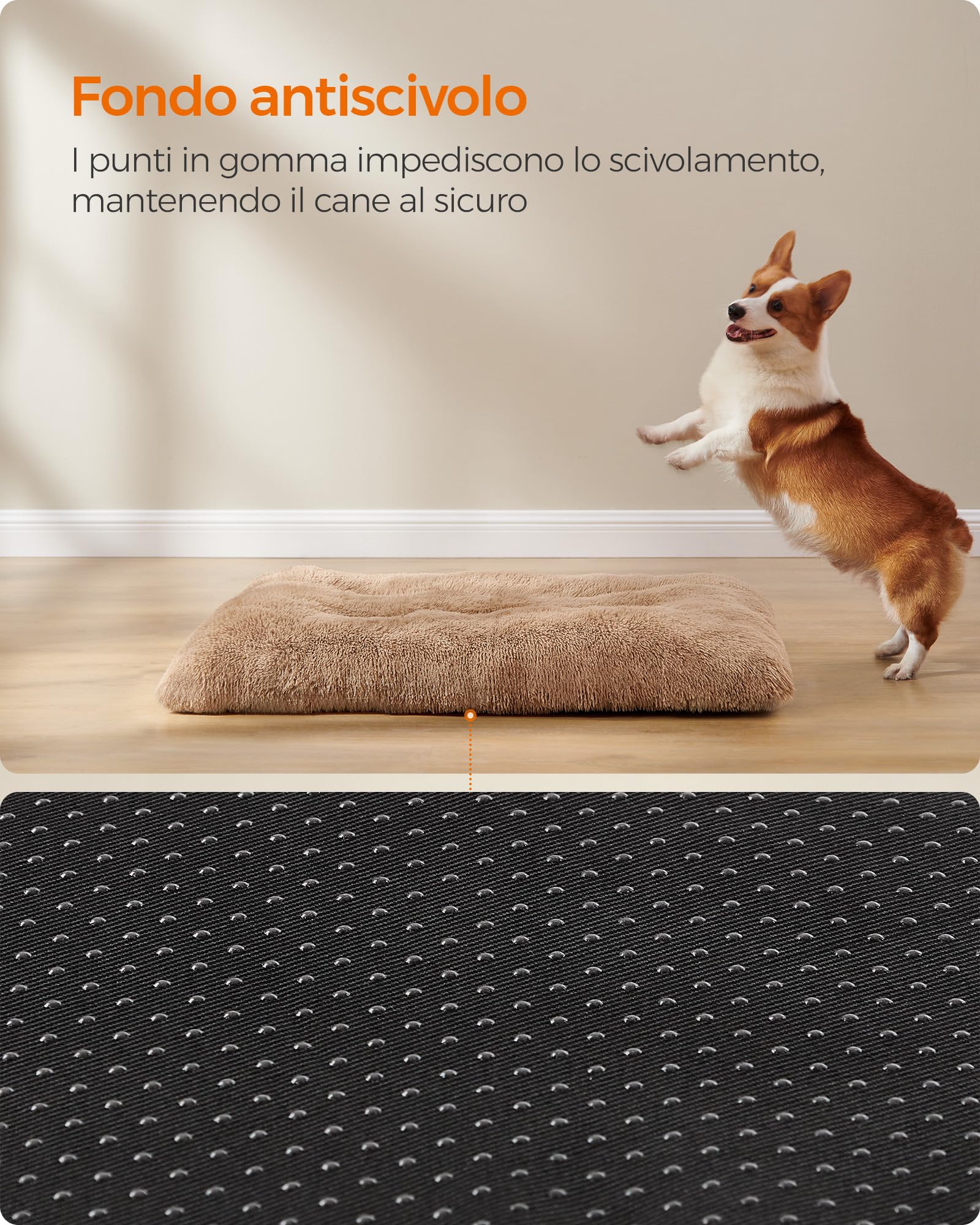 Feandrea Cuccia per Cani, Tappetino per Animali di Peluche Morbida, 110 x 73 cm, Imbottitura Soffice, Lavabile, Cuscino per Cani Multiuso, Marrone Cammello PGW203K01