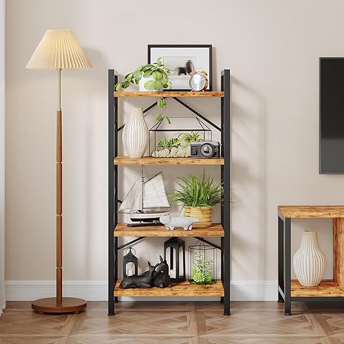 Miniatura 7 de Estantería de 4 niveles, estantería industrial con marco de metal y barras laterales, estantería pequeña para dormitorio, oficina en casa y sala de