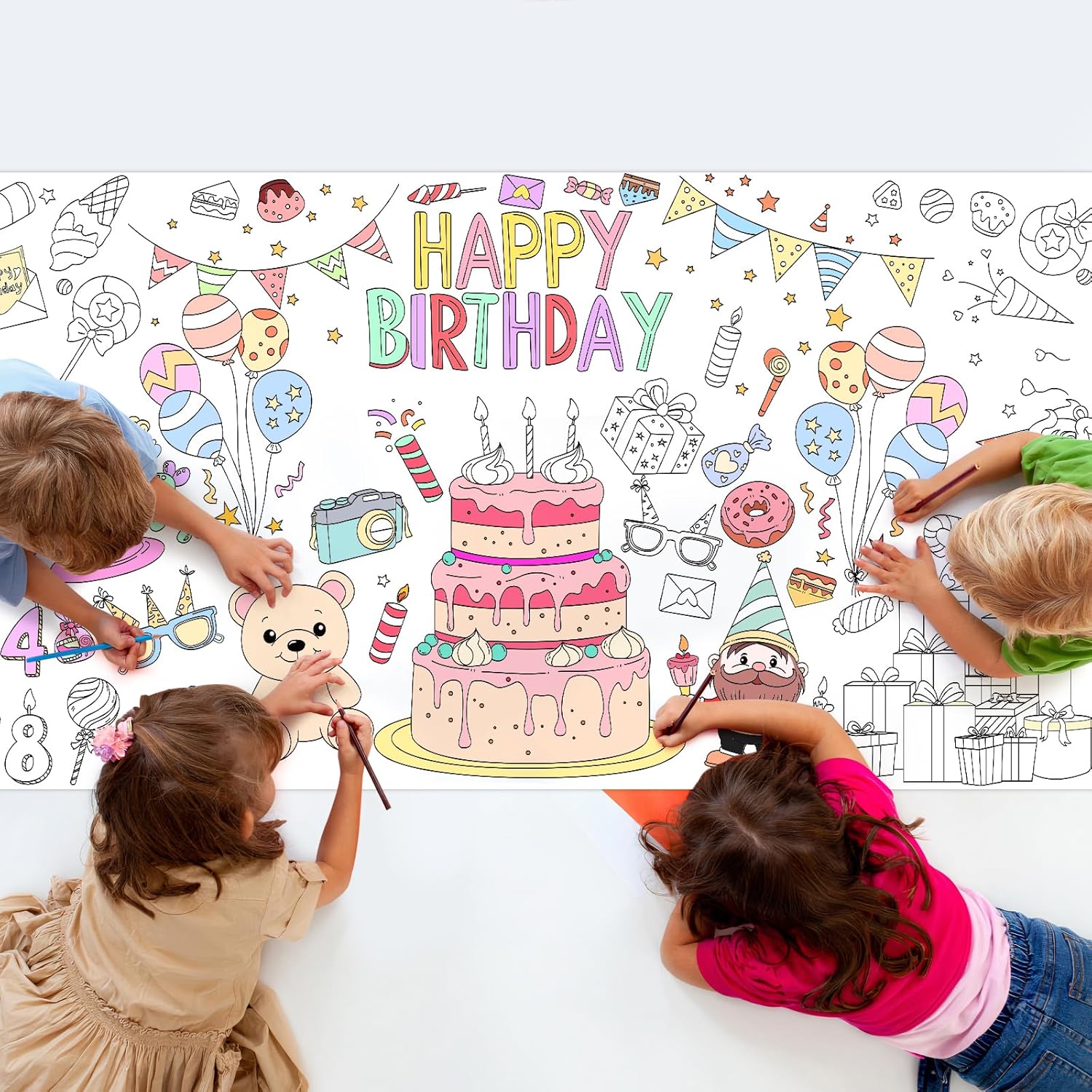 Happy Birthday Giant Coloring Poster 71 x 31 inches Large Birthday Party Coloring Tablecloth for Kids, DIY Cake Balloons Hats Banners Coloring Party Activity Poster & Table Cover,Jumbo Coloring Banner