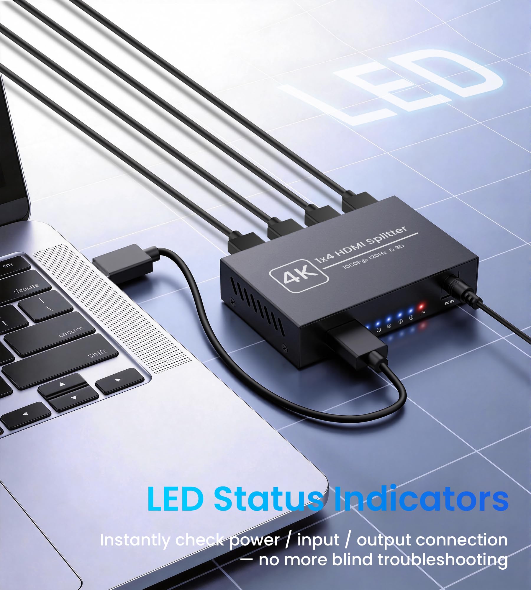 Divisor HDMI de 1 en 4 salidas solamente, divisor de video HDMI 1x4 alimentado con adaptador de alimentación de 5 V CC, soporta 4K a 30Hz, 1080P a 120Hz, 3D, pantalla de espejo para múltiples