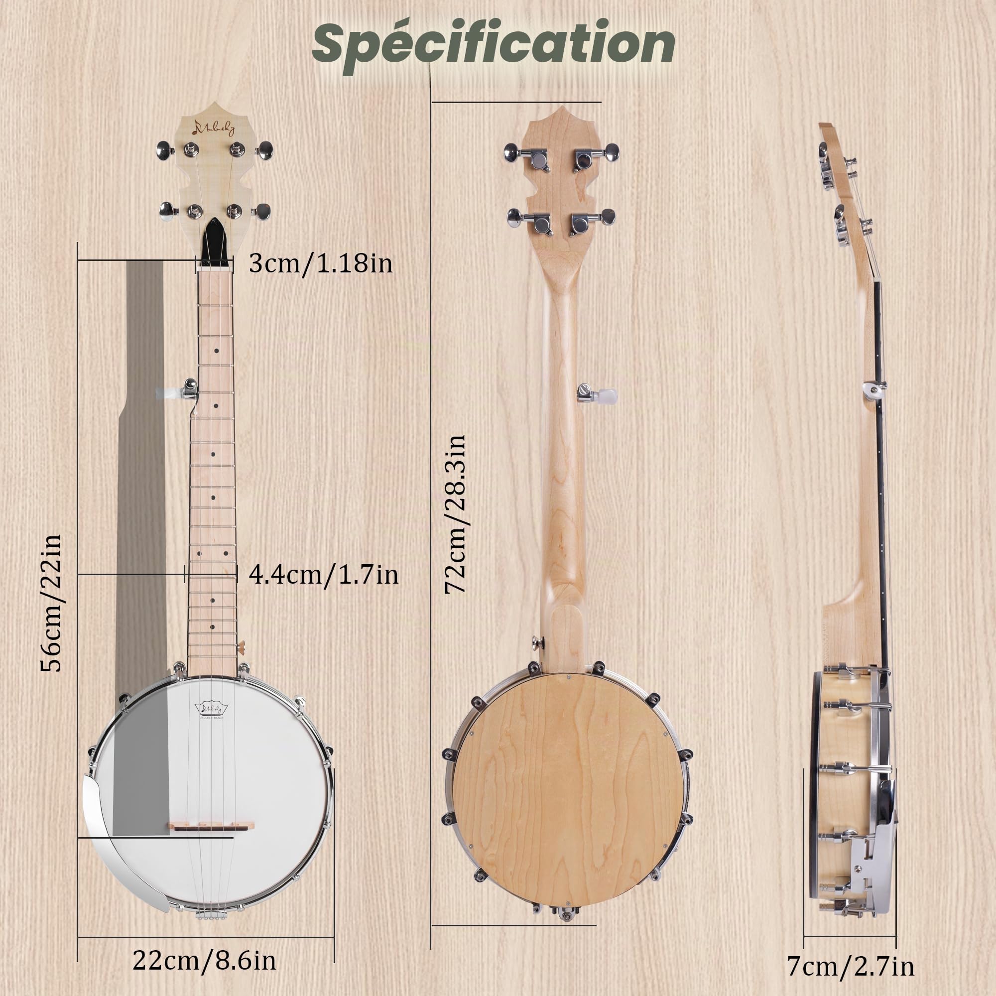 Banjo à 5 cordes Mini - Mulucky 66 cm en érable, dos solide fermé Kit de débutant avec sac de transport, accordeur, médiators, sangle, cordes - B805